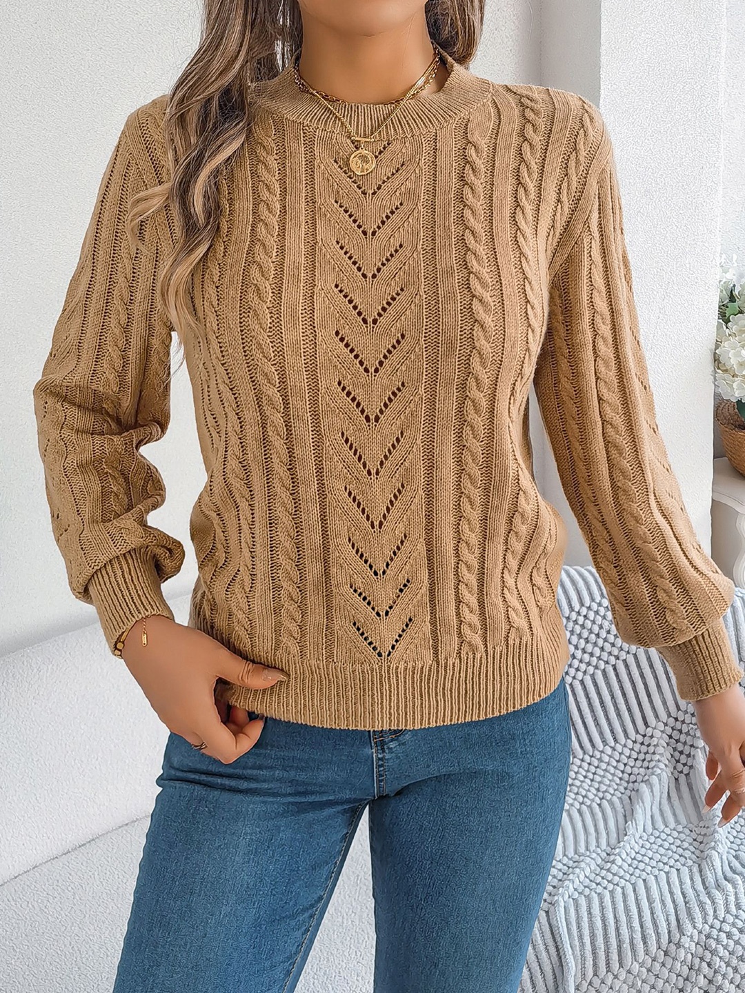 

StyleCast x Revolte Women Cable Knit Pullover, Khaki