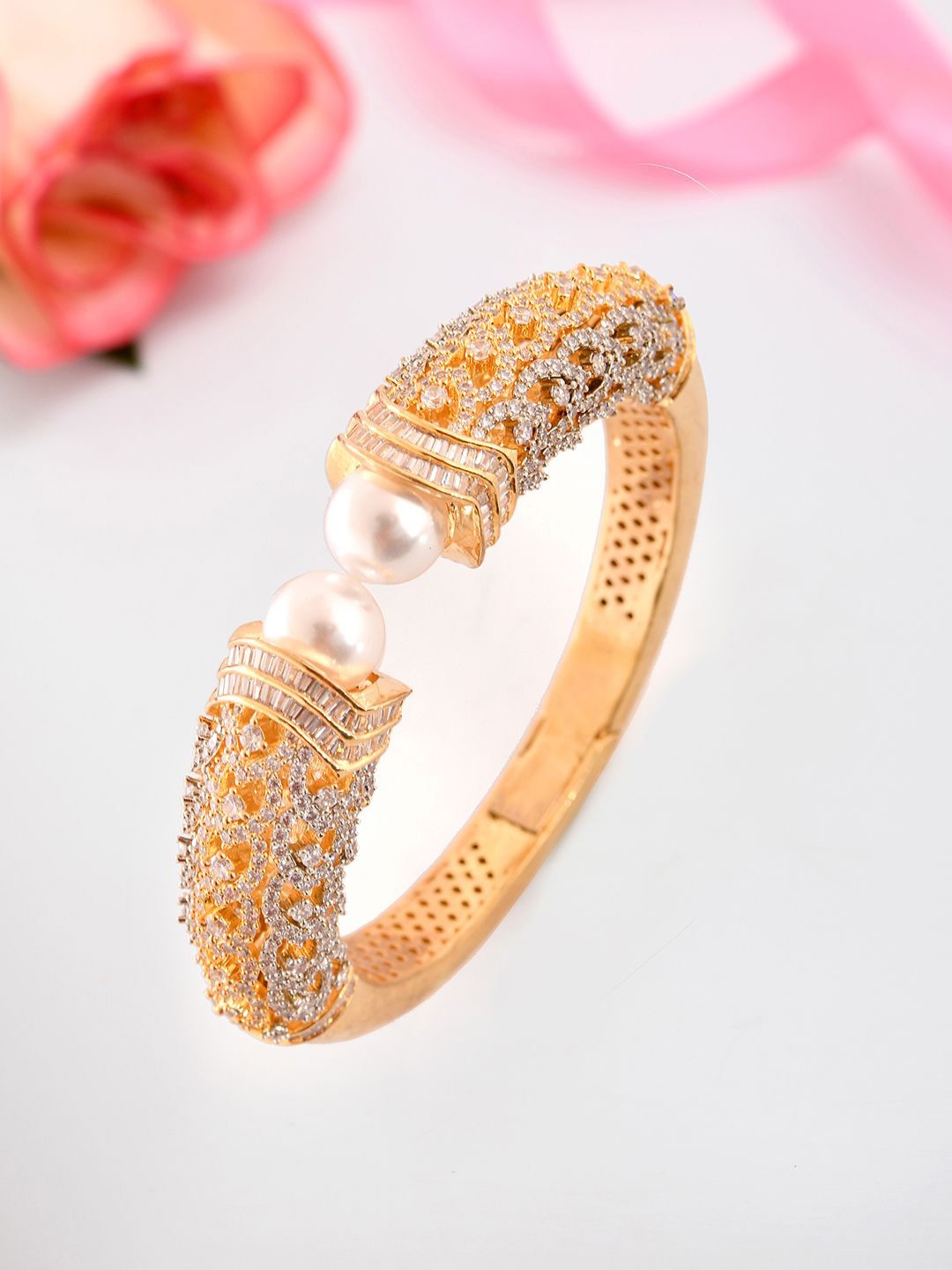 

Voylla Gold-Plated American Diamond Stone Studded & Beaded Cuff Bracelet
