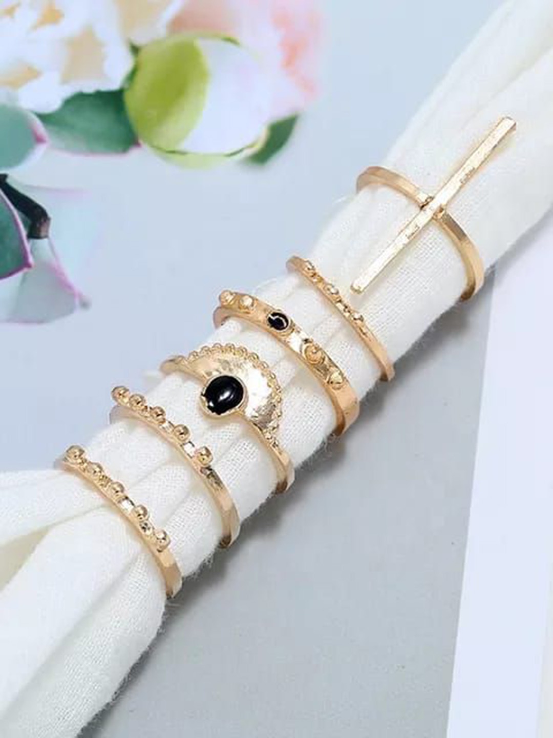 

YU FASHIONS Set Of 6 Gold-Plated Stone Studded Stainless Steel Finger Ring