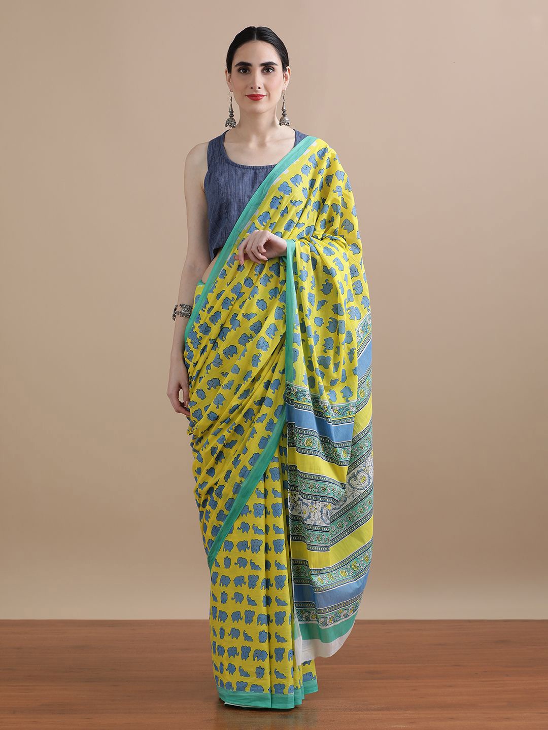 

Jaipur Kurti Printed Pure Cotton Saree, Yellow