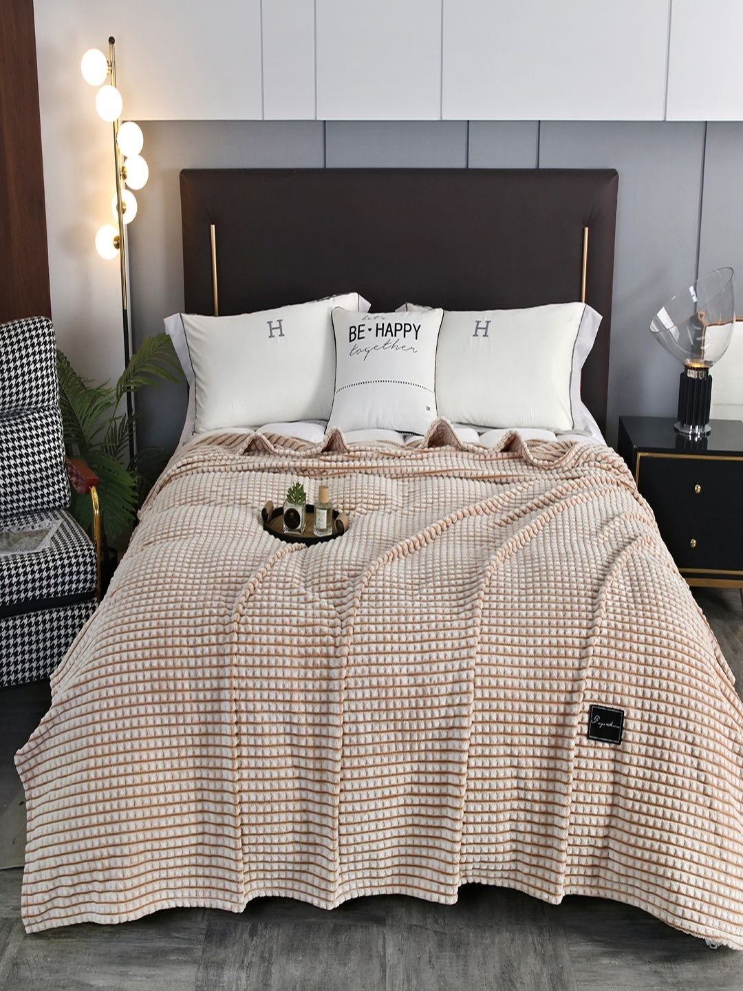 

JC HOME Khaki & White Striped AC Room 300 GSM Double Bed Blanket