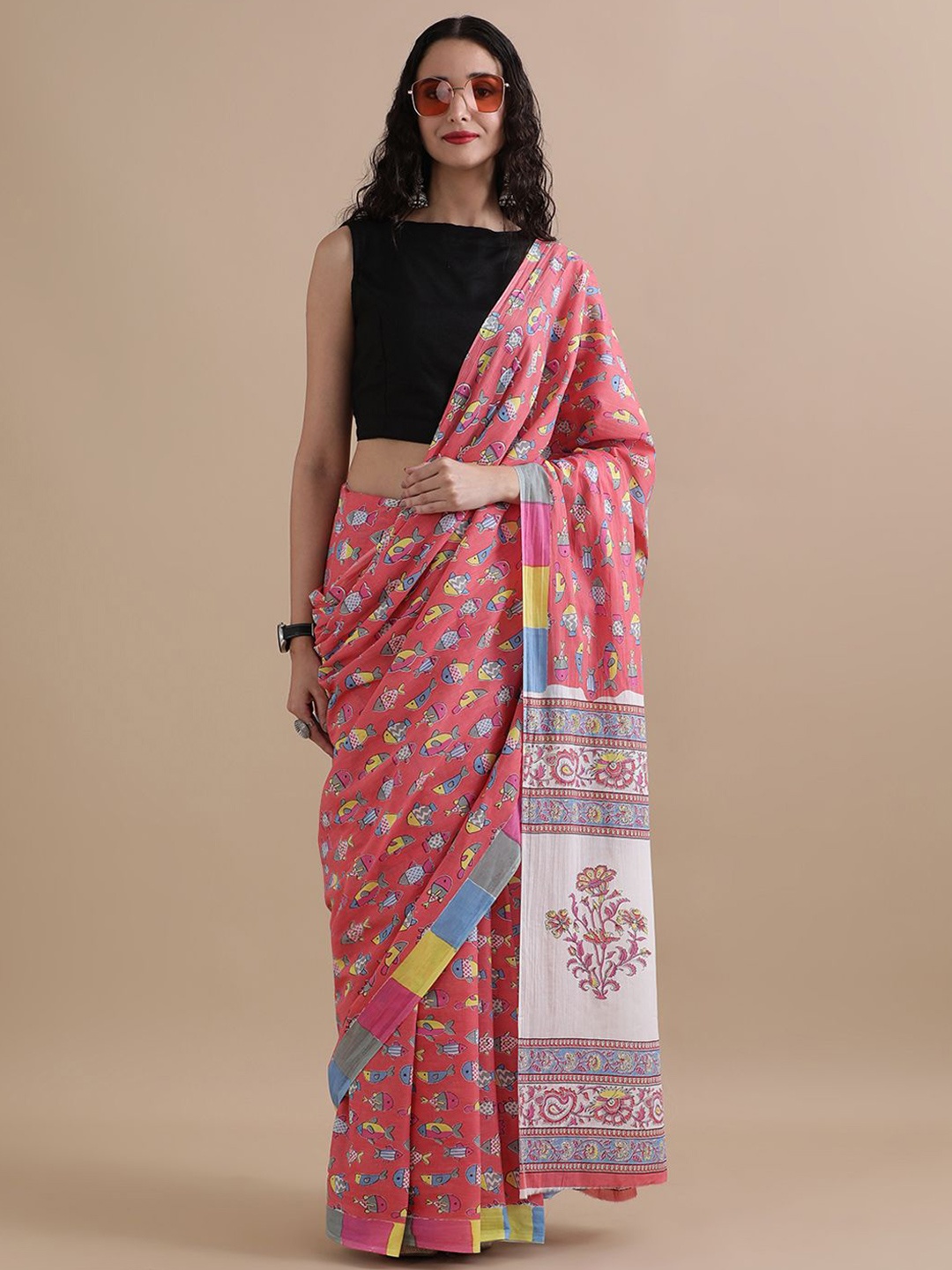 

Jaipur Kurti Floral Pure Cotton Saree, Pink