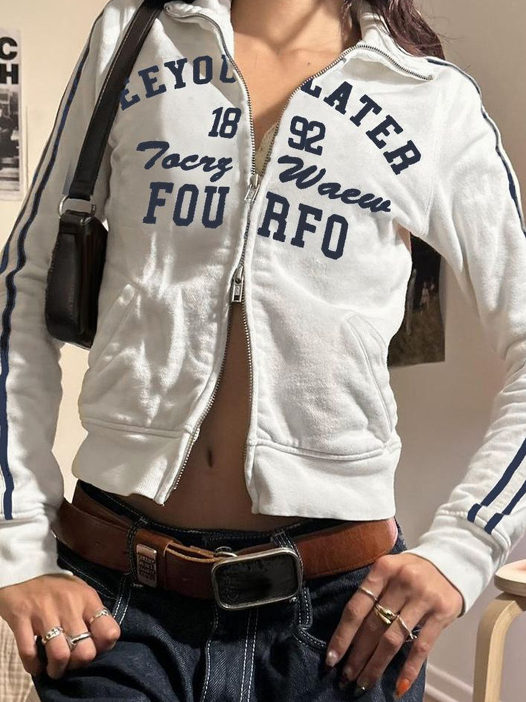 

LULU & SKY Women Mock Collar Typography Printed Casual Bomber Jacket, White