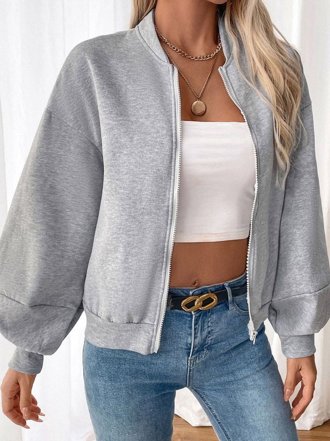 

LULU & SKY Women Stand Collar Solid Casual Open Front Jacket, Grey