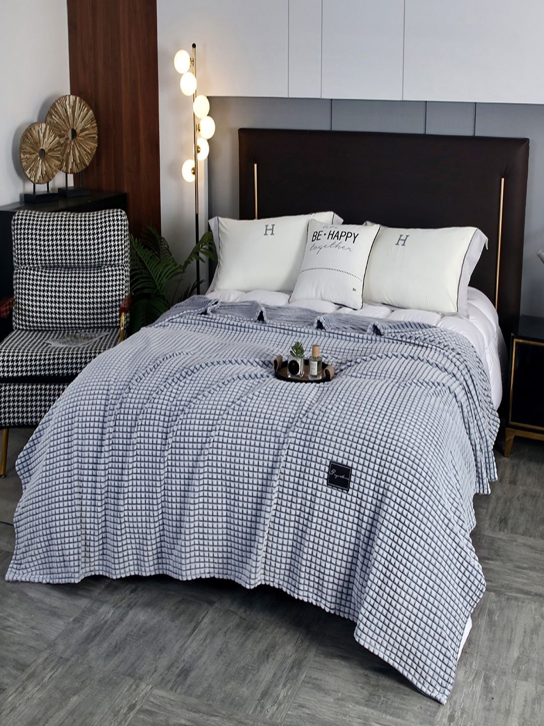 

JC HOME Navy Blue Geometric AC Room 300 GSM Double Bed Blanket