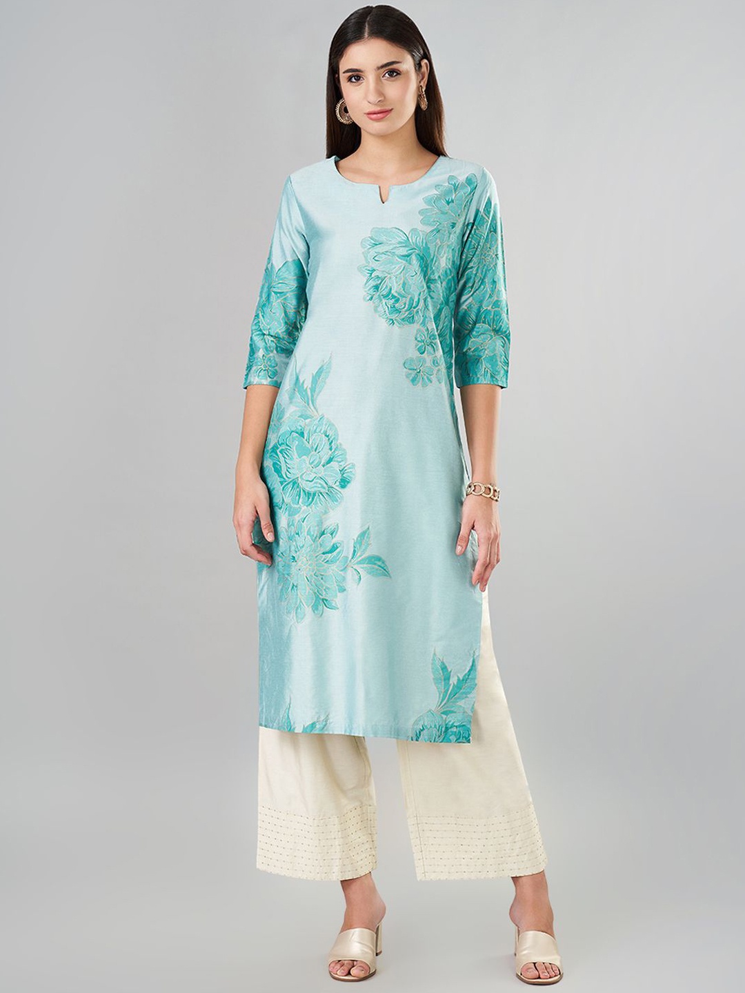 

RANGMANCH BY PANTALOONS Floral Printed Notch neck Straight Kurta, Blue