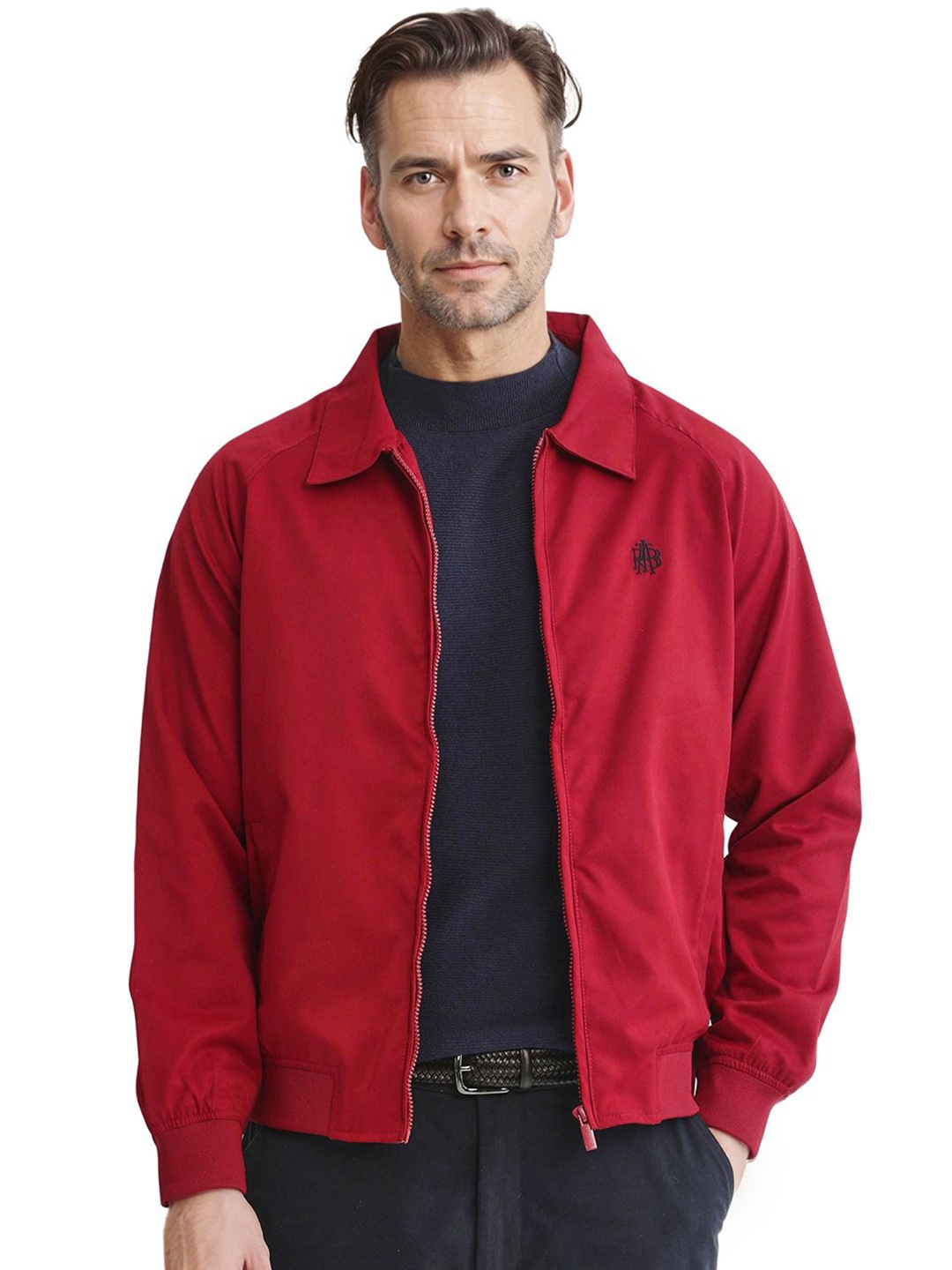 

RARE RABBIT Men Cotton Bomber with Embroidered Jacket, Red