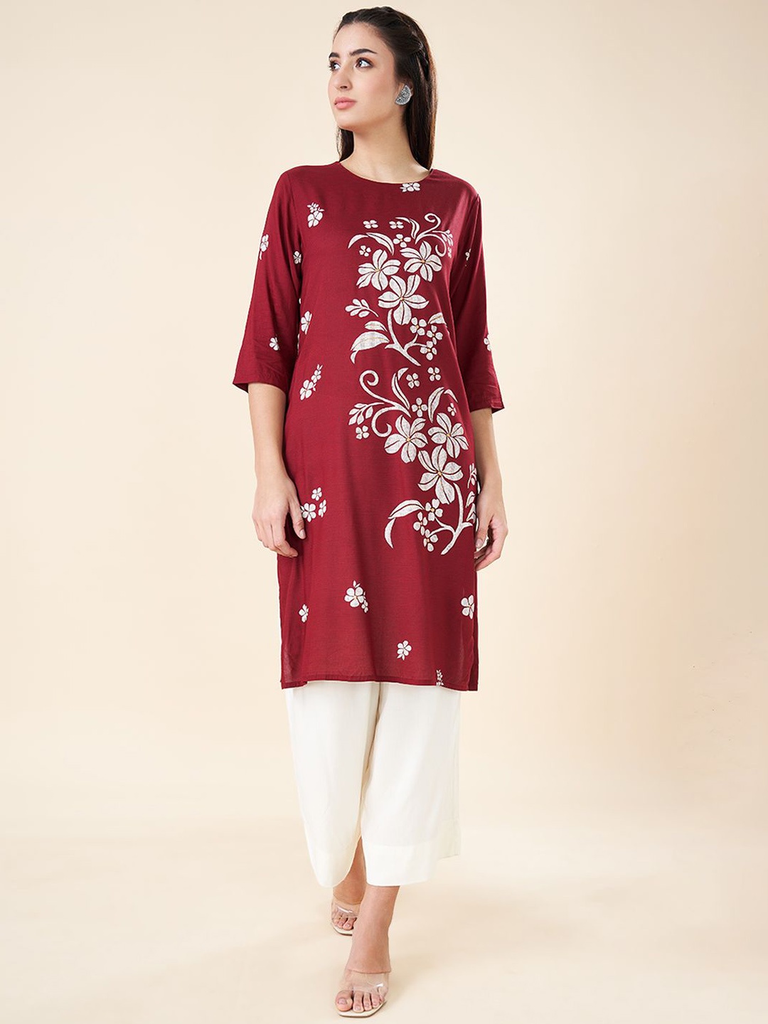 

RANGMANCH BY PANTALOONS Floral Printed Straight Kurta, Red