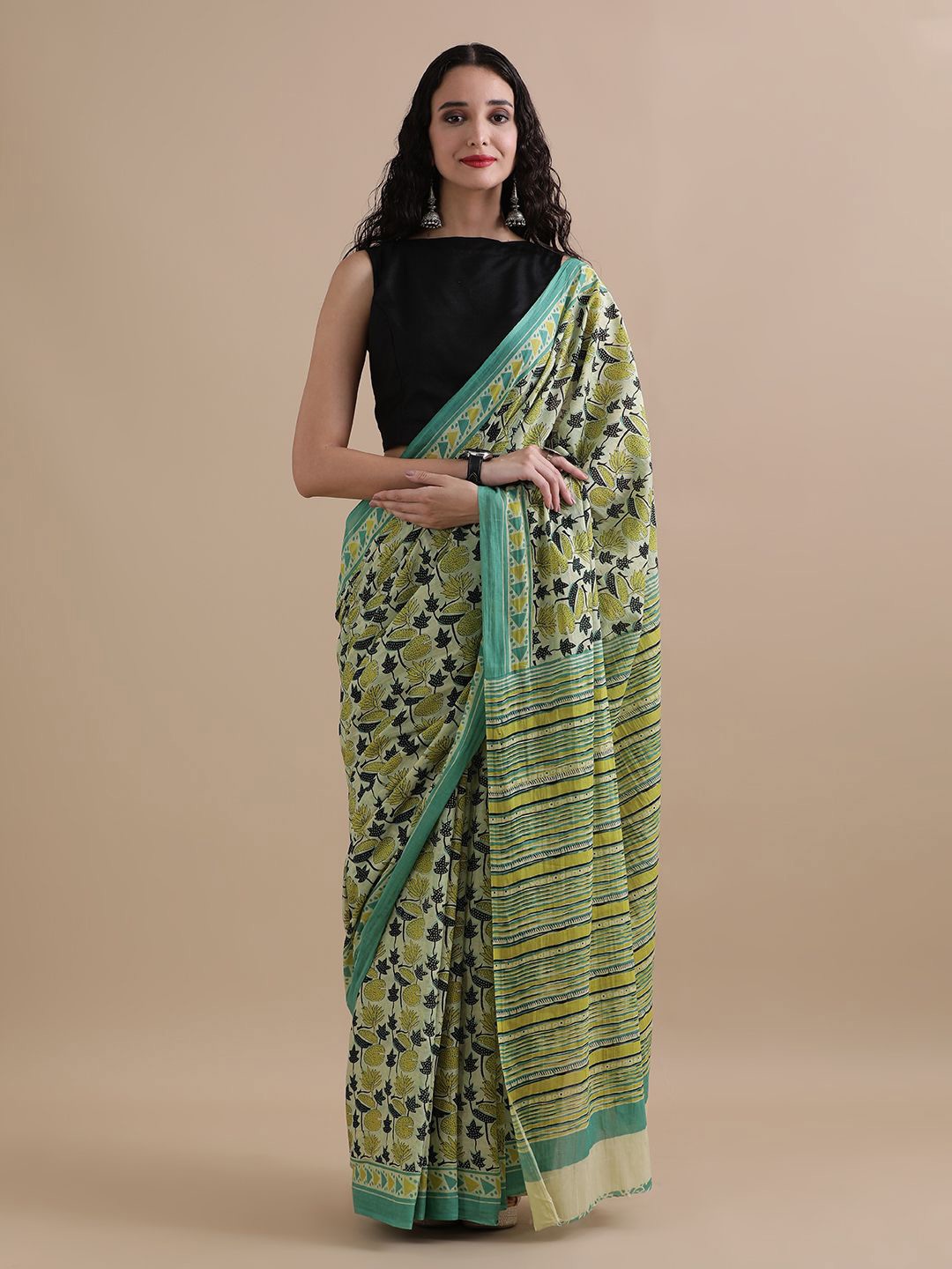 

Jaipur Kurti Floral Printed Pure Cotton Saree, Green