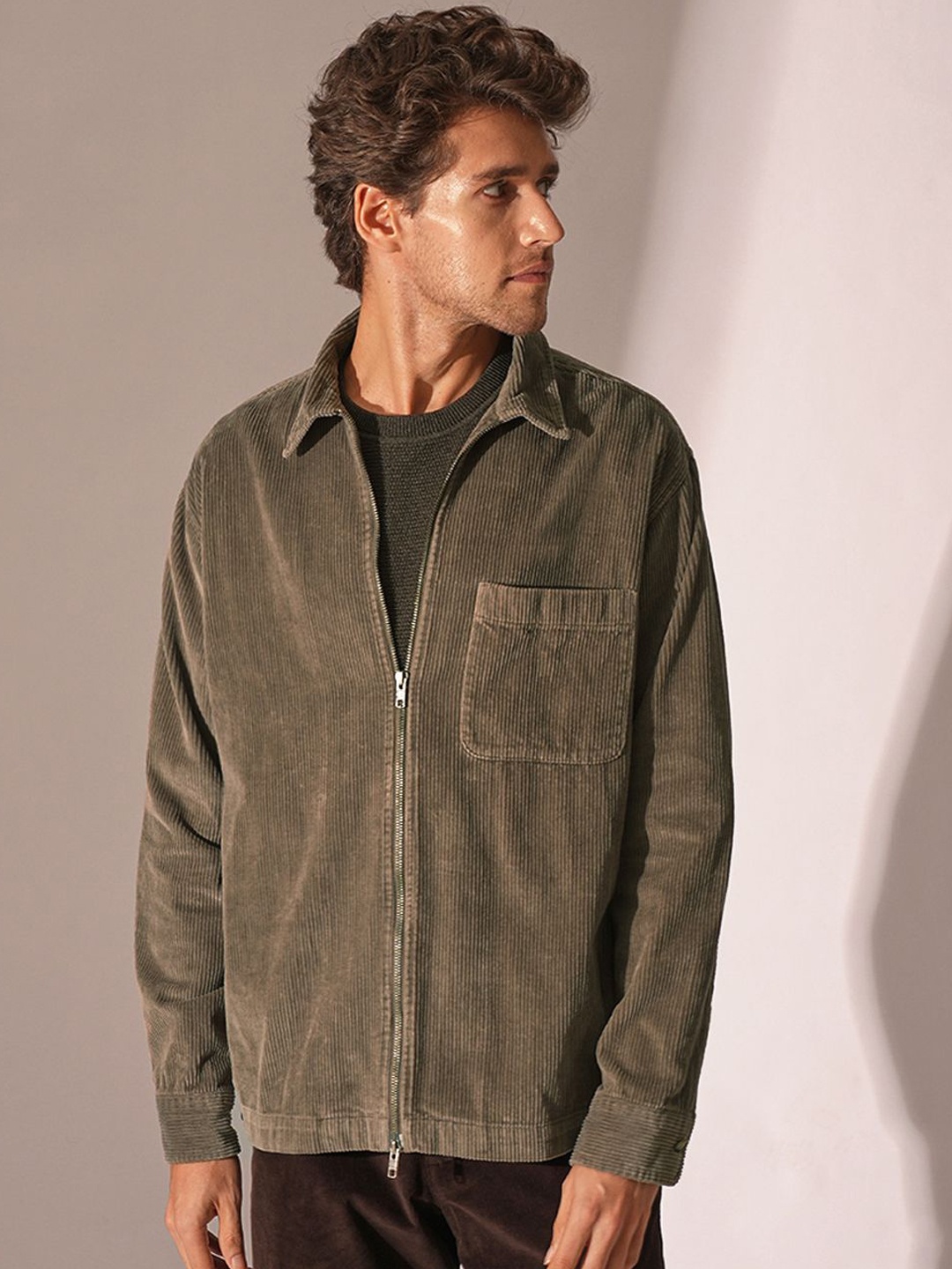 

SELECTED Men Spread Collar Self Design Cotton Casual Tailored Jacket, Brown
