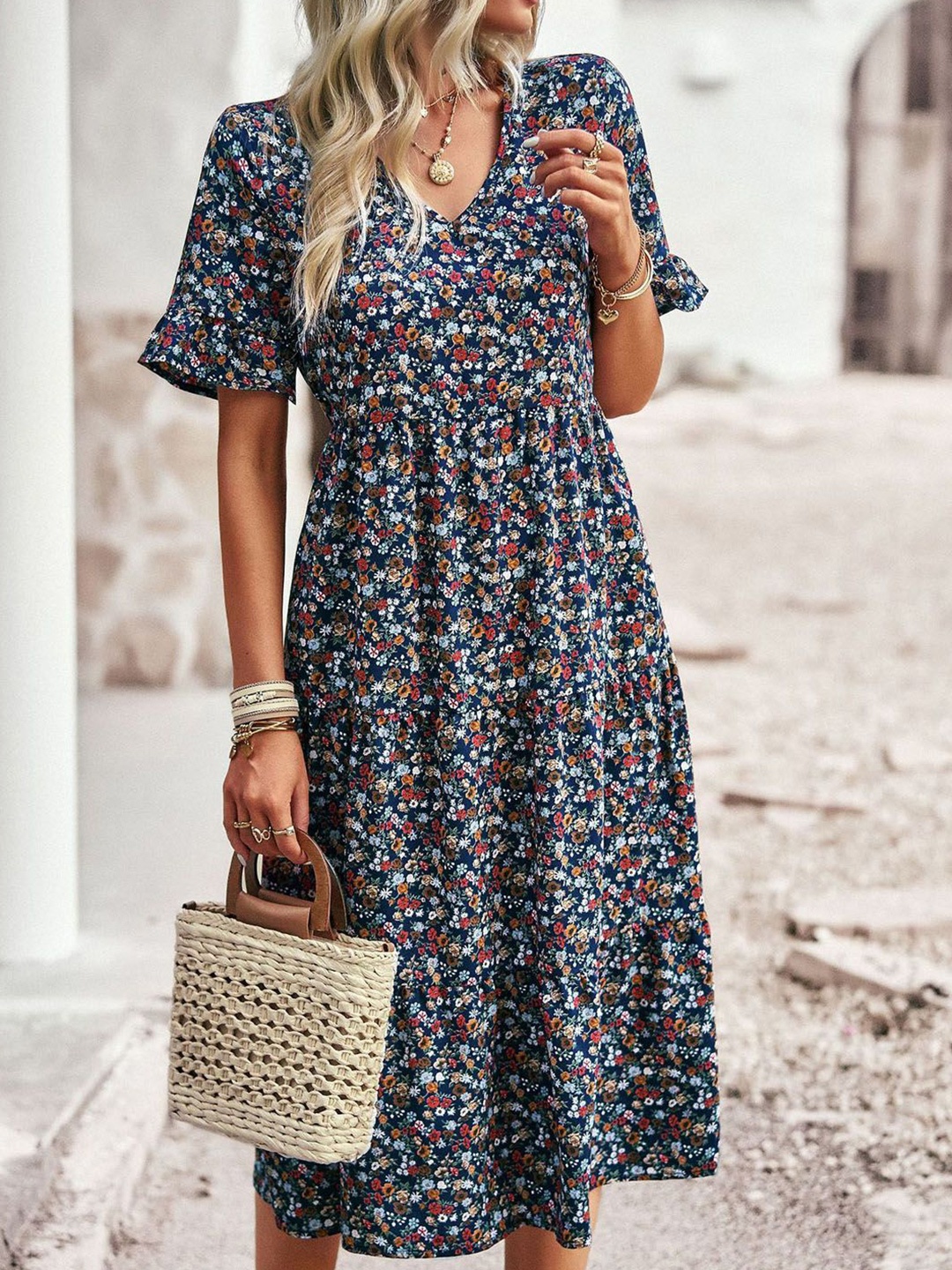 

StyleCast Womens Polyester Casual Bell Sleeve Fit & Flare Midi Dress, Navy blue