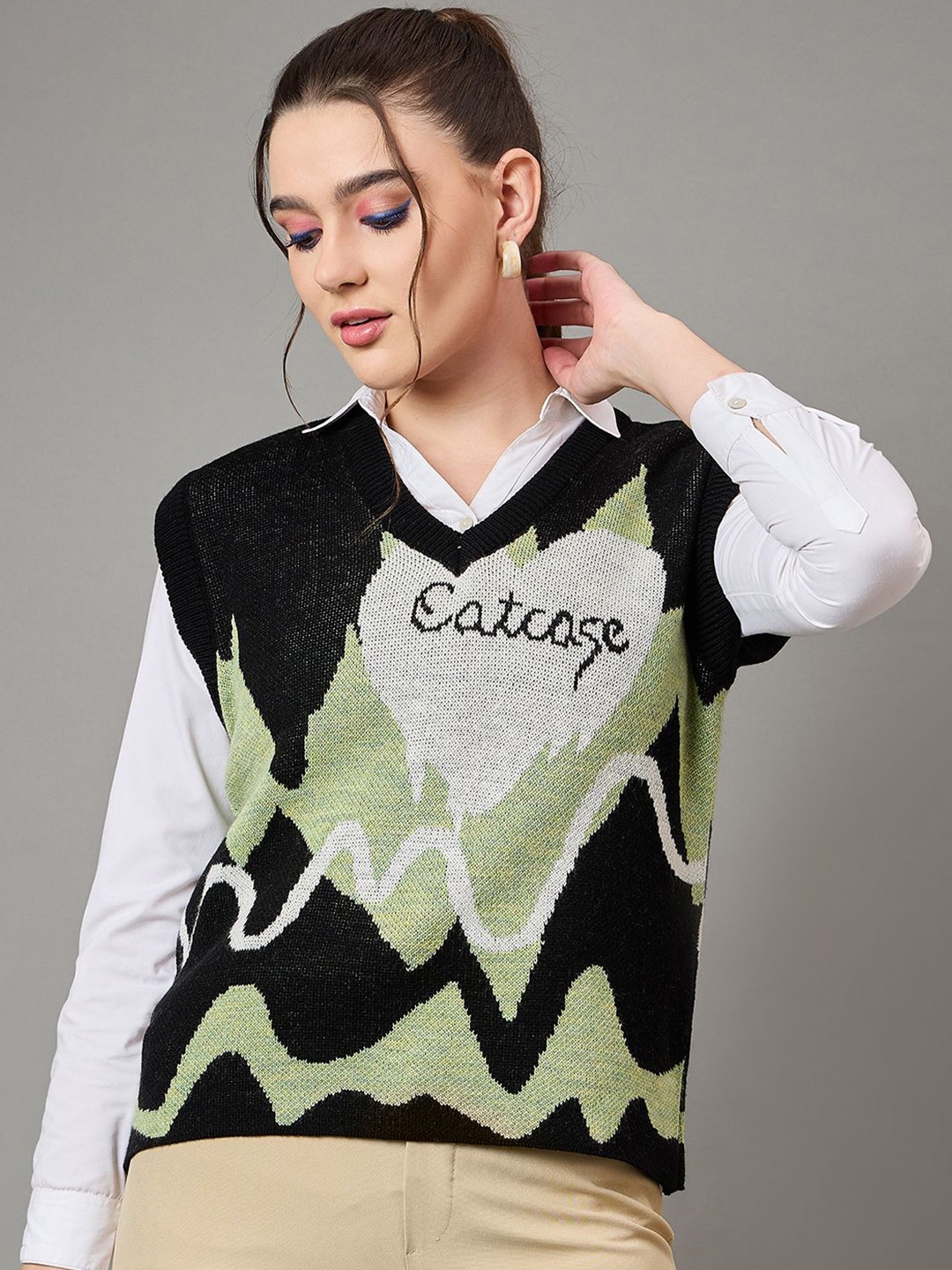 

KASMA Women Colourblocked Woollen Pullover, Green