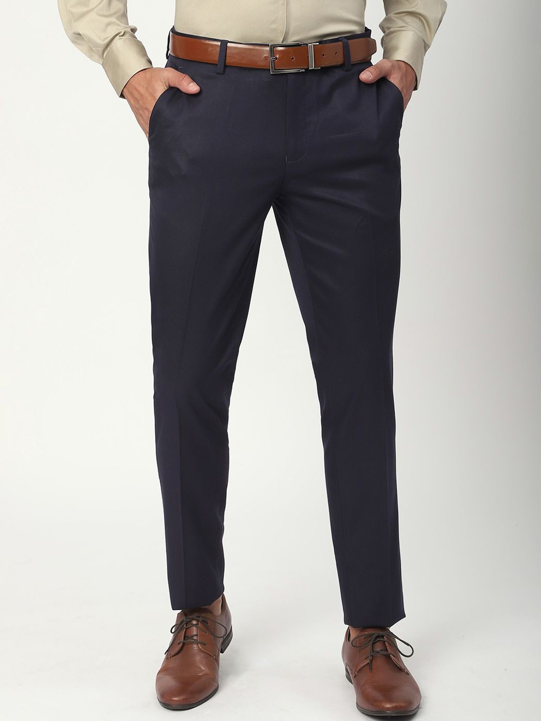 

R&B Men Solid Regular Fit Formal Trousers, Blue
