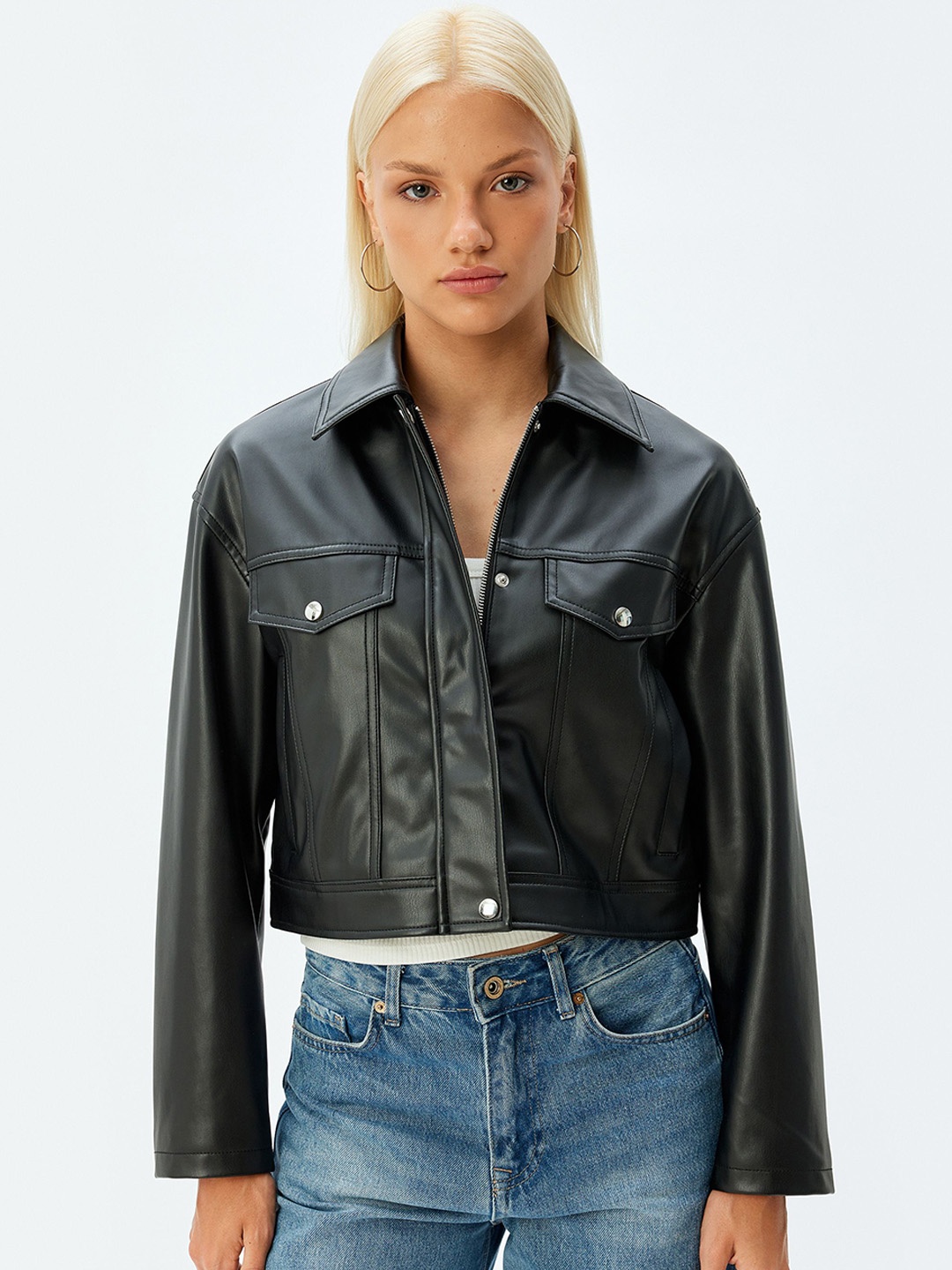 

Koton Women Spread Collar Solid Casual Bomber Jacket, Black