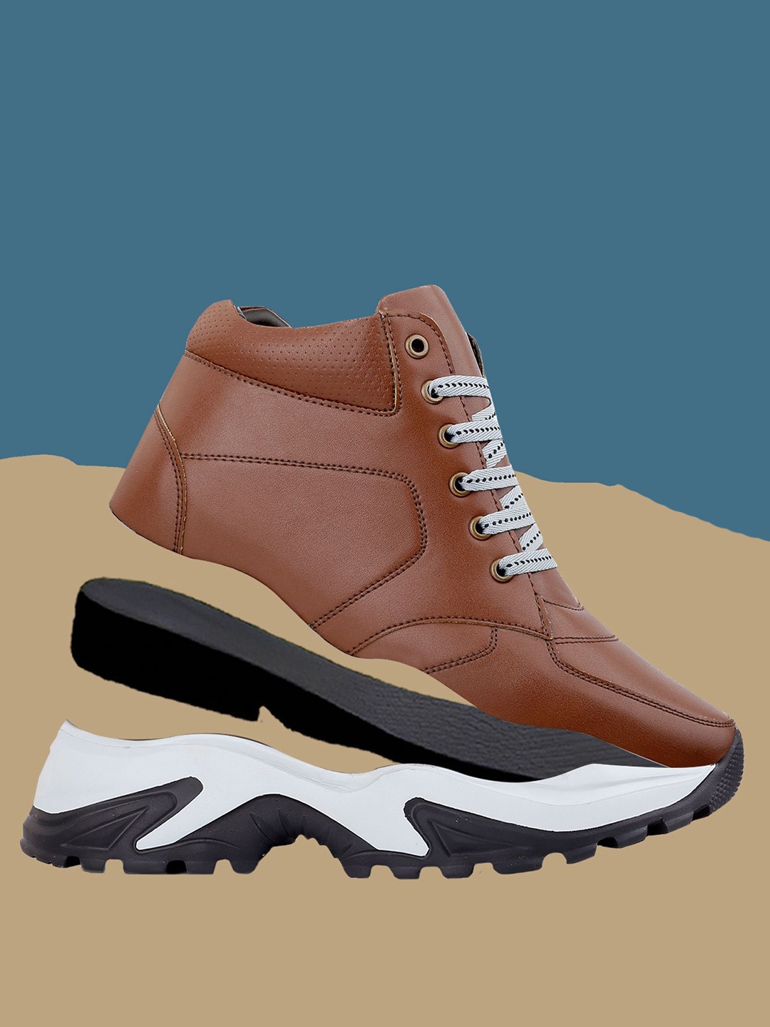 

Bxxy Men Round Toe High-Top Lace-Ups Elevator Sneakers, Tan