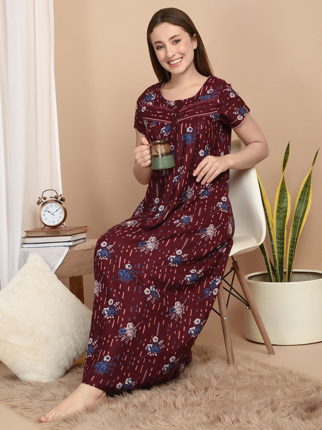 

Sweet Dreams Women Everyday Floral Printed Pure Cotton Regular Maxi Nightdress, Red