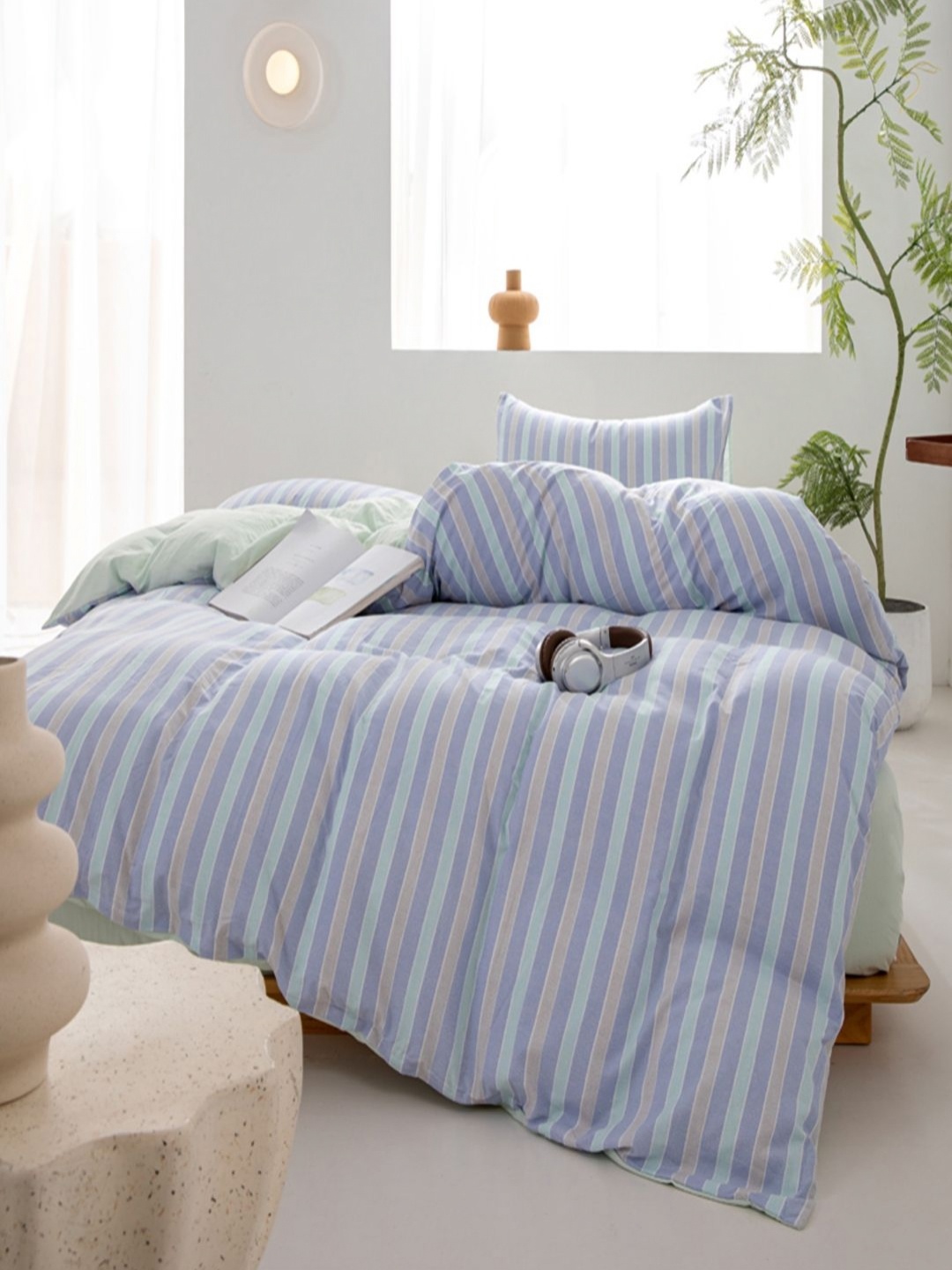 

JC HOME Green & Blue Striped Polycotton 3 Piece Double King Regular Bedding Set