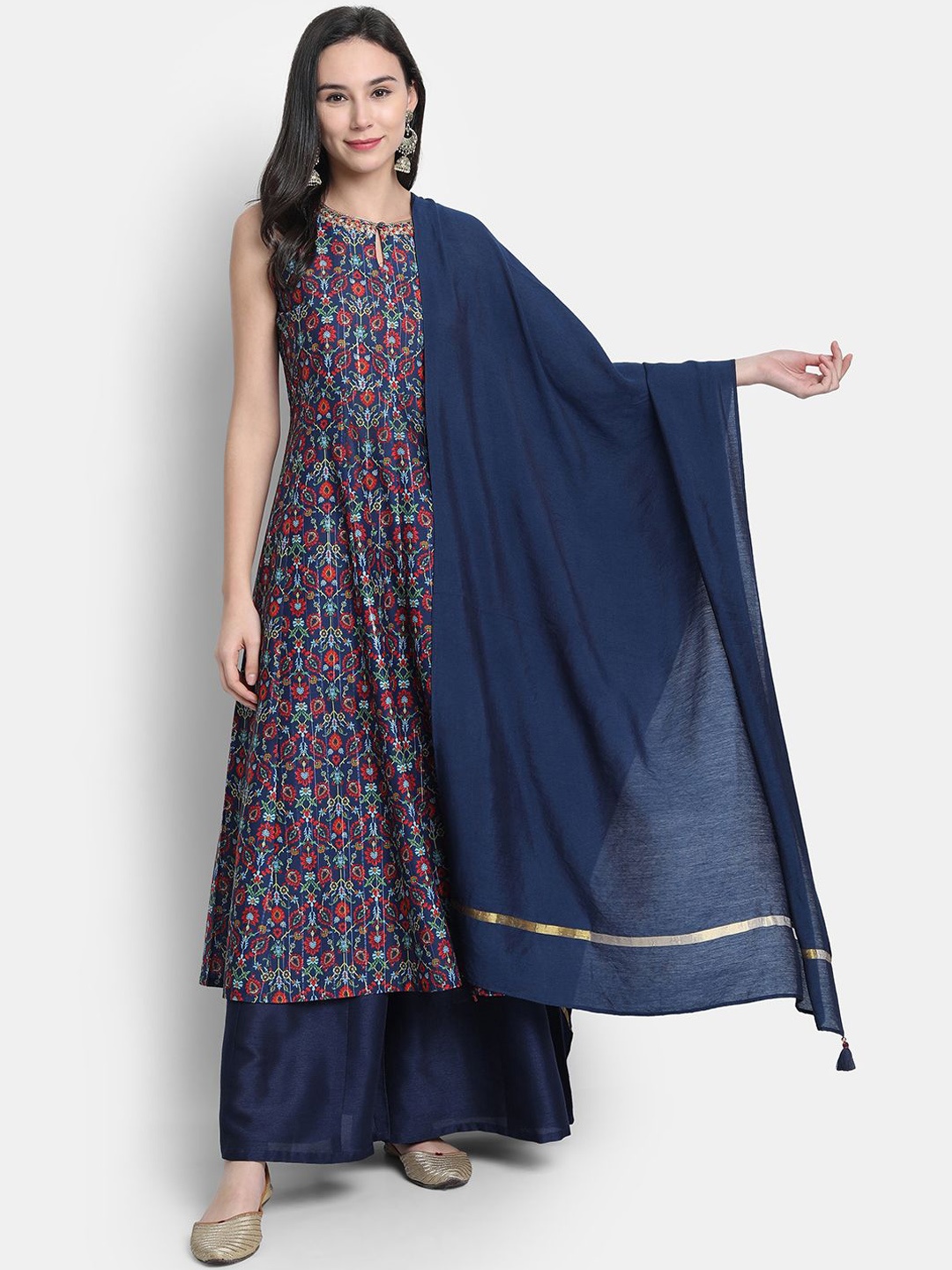 

KALINI Floral Printed Panelled Thread Work Kurta with Palazzo & Dupatta, Teal