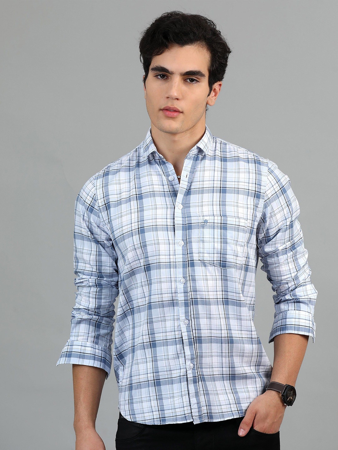 

HOUSE OF MAHNOTS Men Classic Spread Collar Tartan Checked Cotton Casual Shirt, Blue