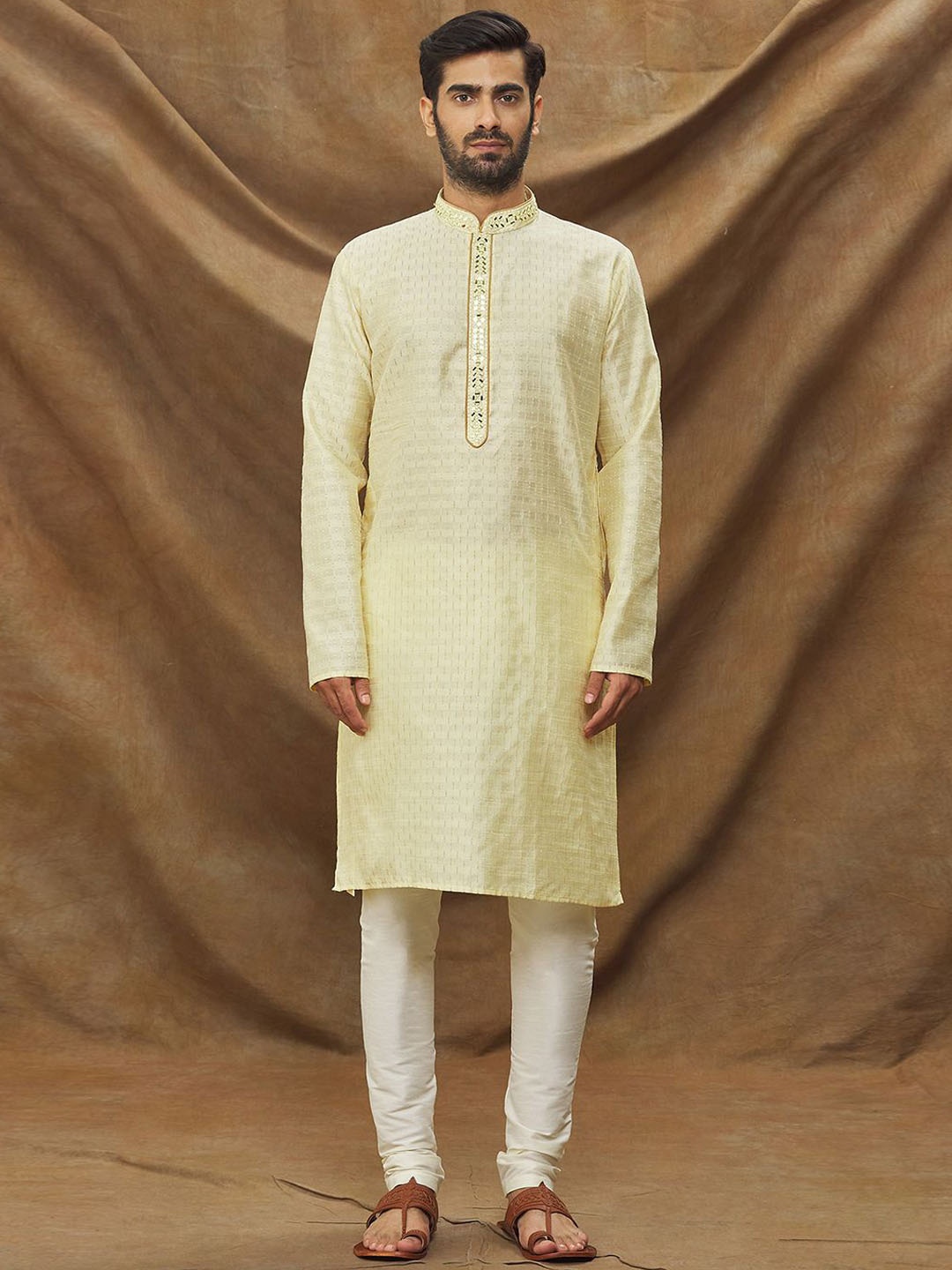 

Samyukta Singhania Men Striped Regular Kurta with Pyjamas, Gold