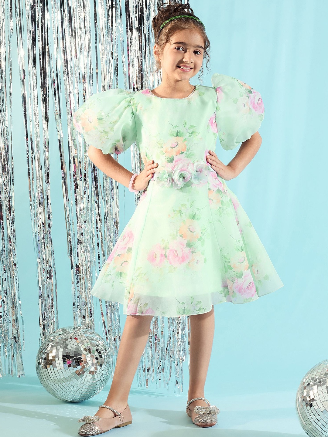 

Peppermint Girls Floral Printed Fit & Flare Dress, Sea green