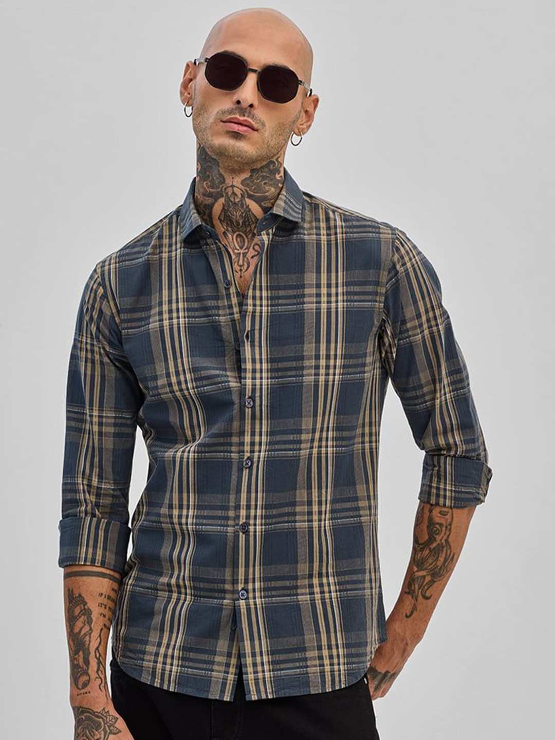 

Snitch Men Smart Spread Collar Tartan Checked Cotton Casual Shirt, Teal