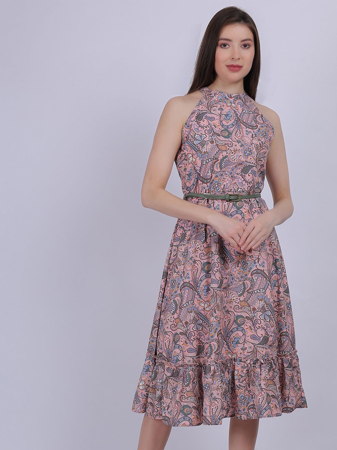 

Aumbe Women Floral Printed Fit & Flare Midi Dress, Pink