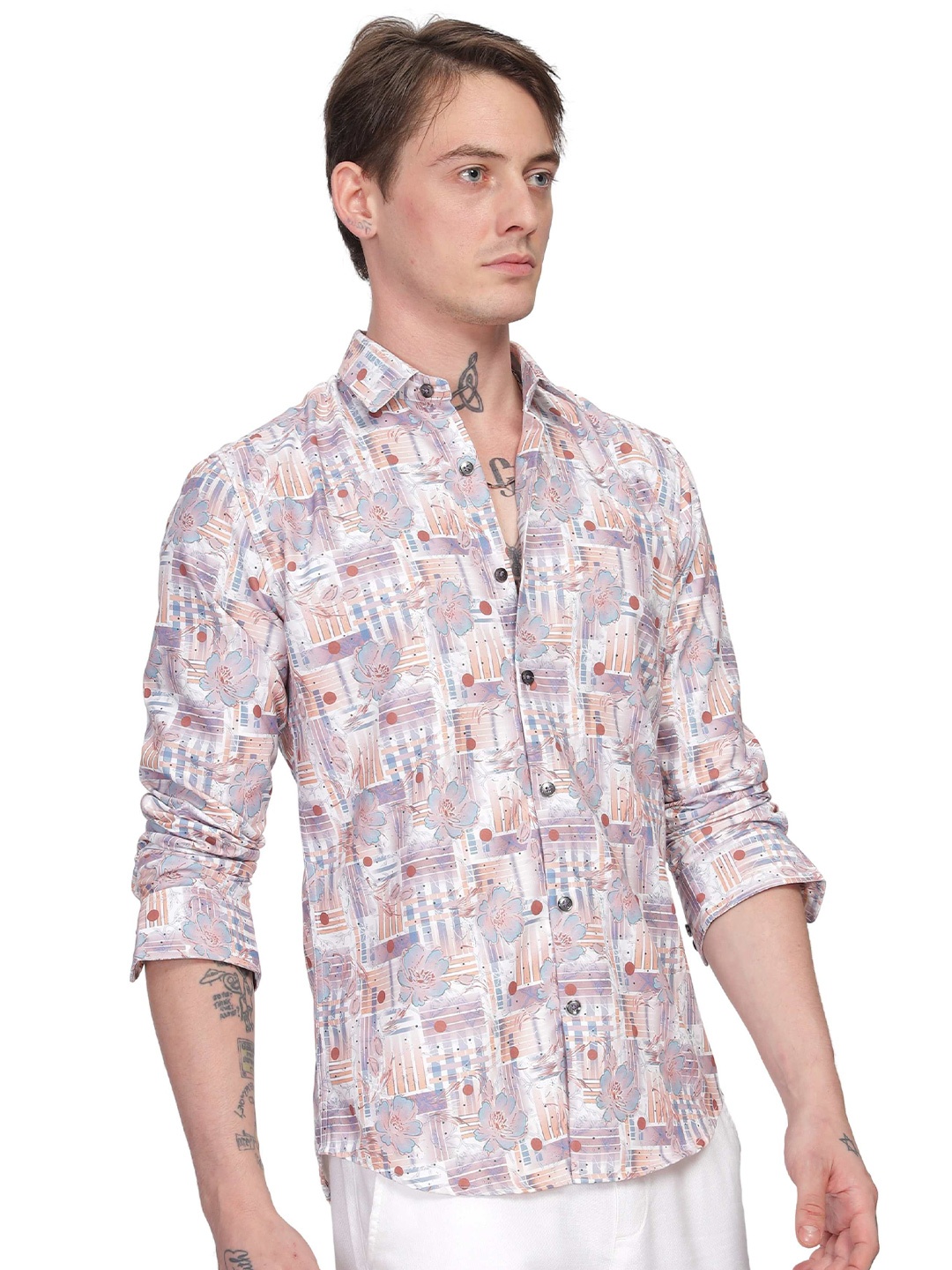 

ilyzly Men Standard Button-Down Collar Abstract Printed Cotton Tailored Fit Casual Shirt, White