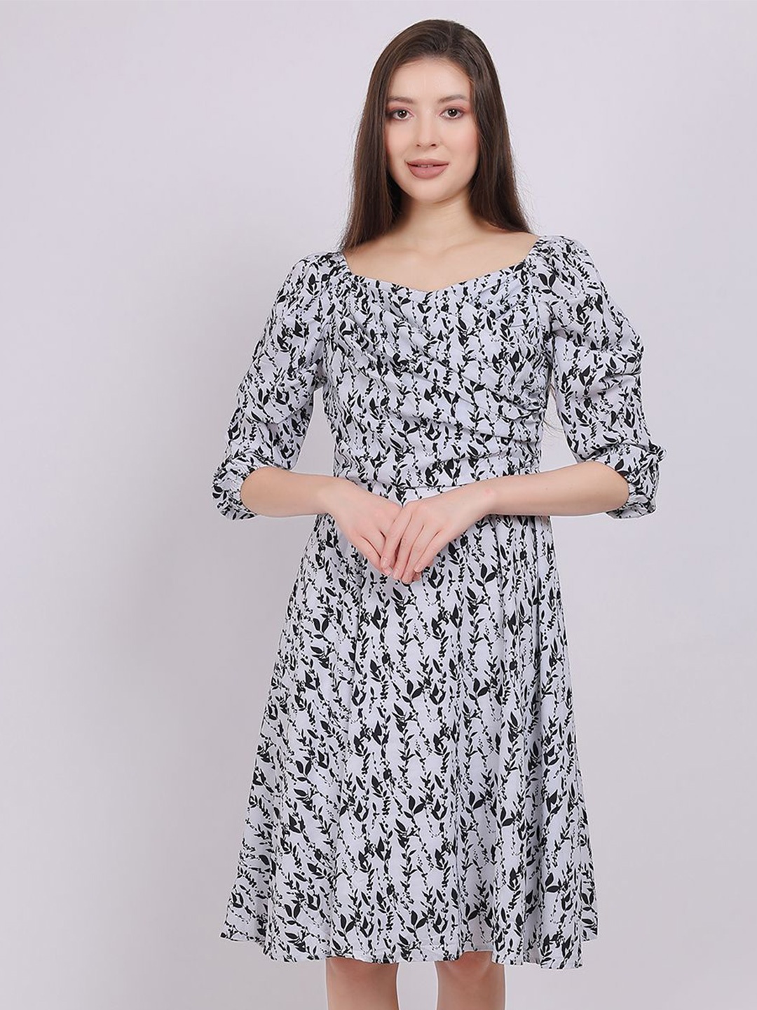 

Aumbe Women Boat Neck Printed Fit & Flare Dress, White