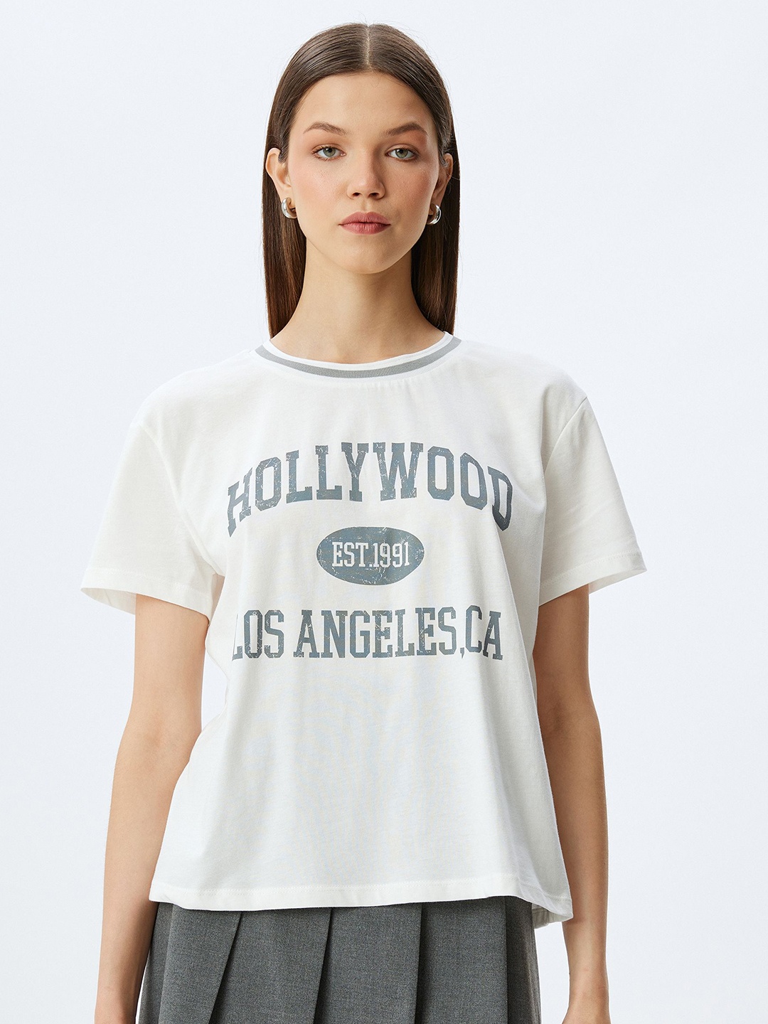 

Koton Women Typography Printed Round Neck Cotton Relaxed Fit T-shirt, White