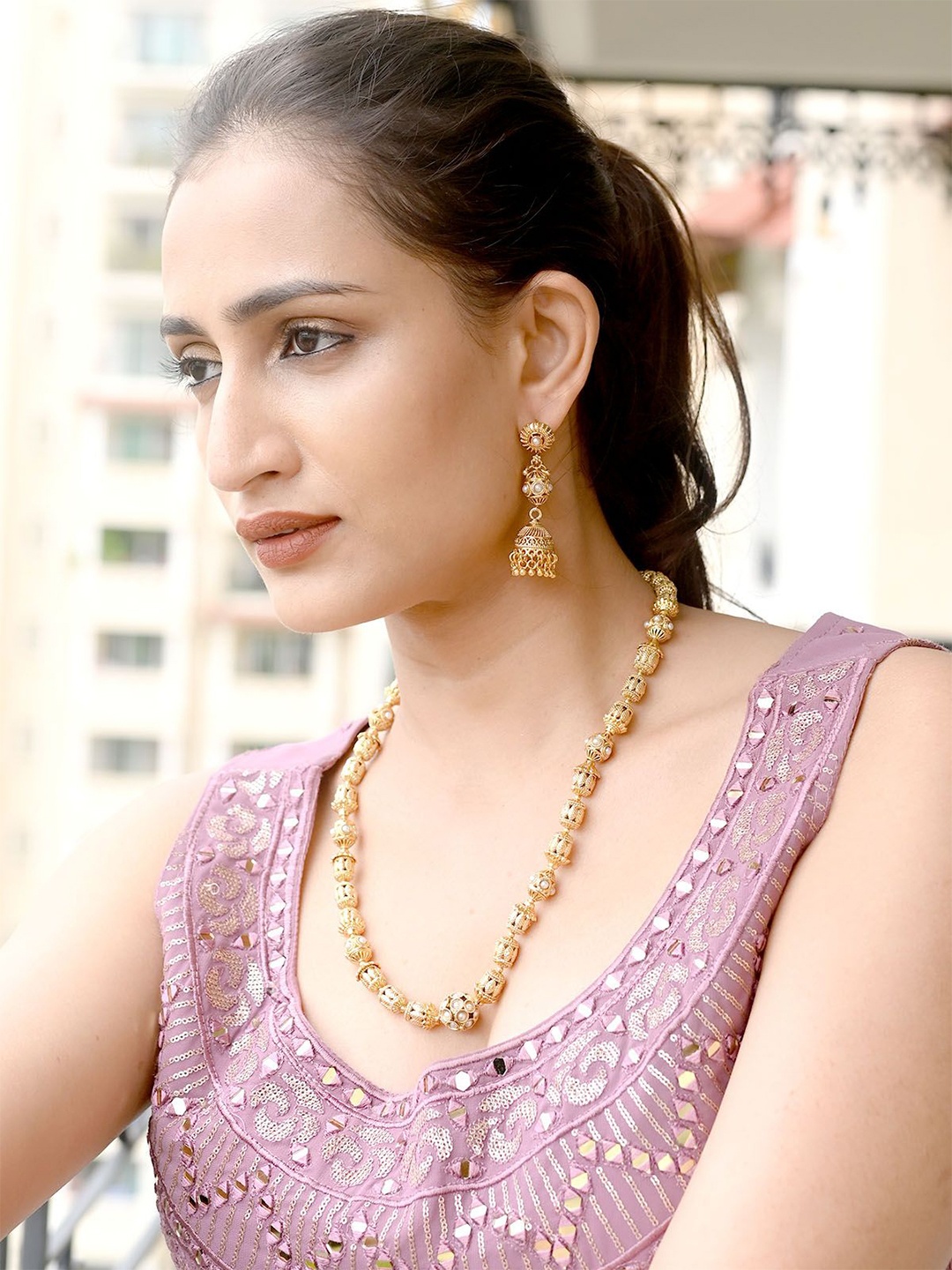 

ODETTE Stainless Steel Gold-Plated Stone Studded & Beaded Jewellery Set