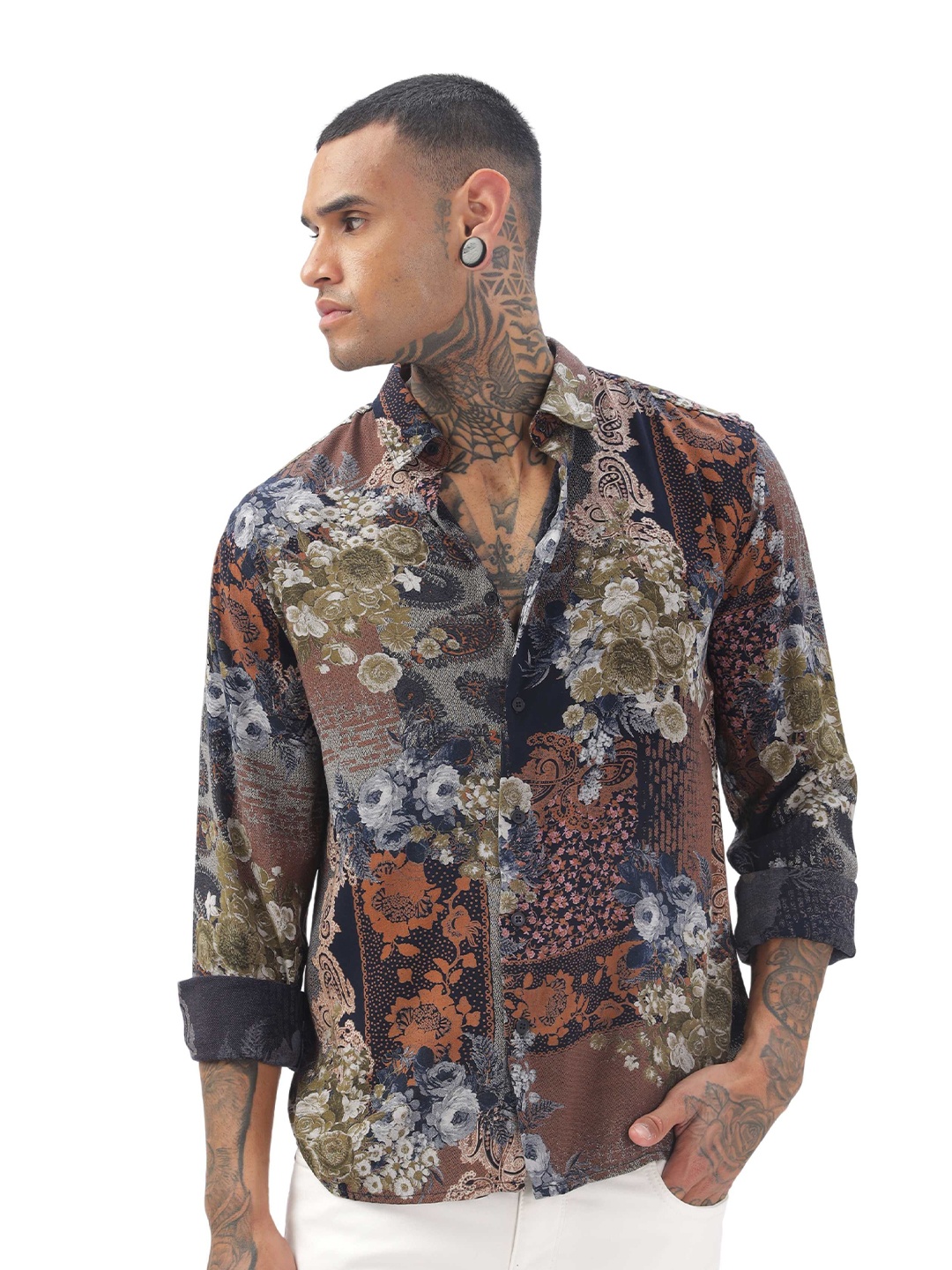 

ilyzly Men Standard Button-Down Collar Abstract Printed Tailored Fit Casual Shirt, Green