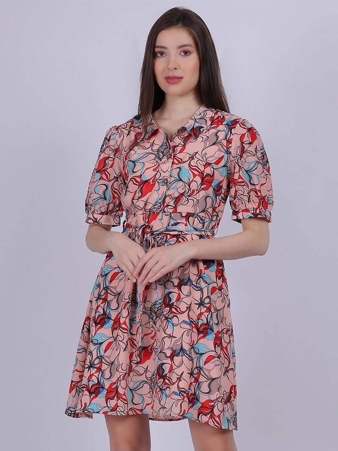

Aumbe Women Printed Fit & Flare Shirt Collar Dress, Pink