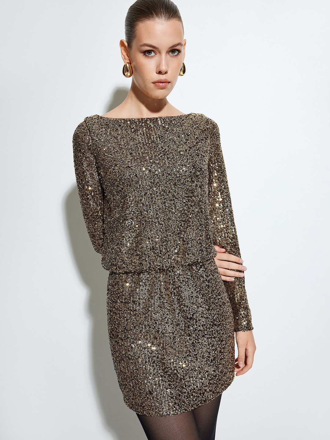 

Koton Sequin Embellished Blouson Mini Dress, Gold