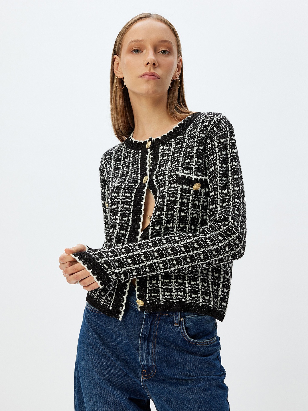 

Koton Women Checked Winter Wear Sweaters, Black