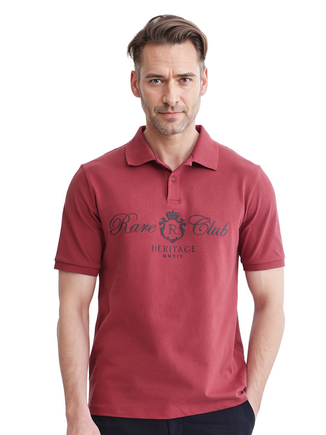 

RARE RABBIT Men Typography Printed Polo Collar Cotton T-shirt, Fuchsia