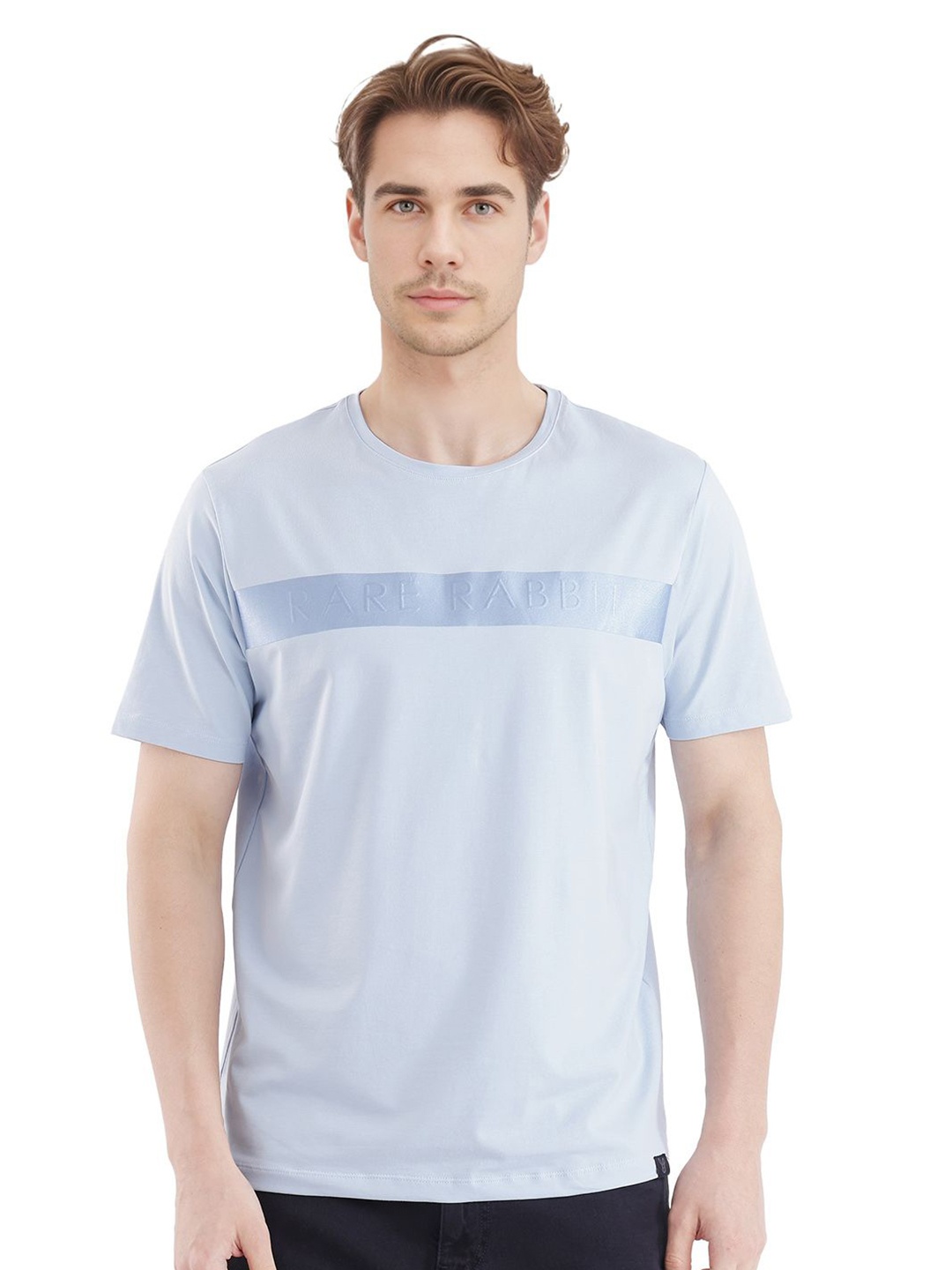 

RARE RABBIT Men Graphic Printed Round Neck Cotton T-shirt, Blue