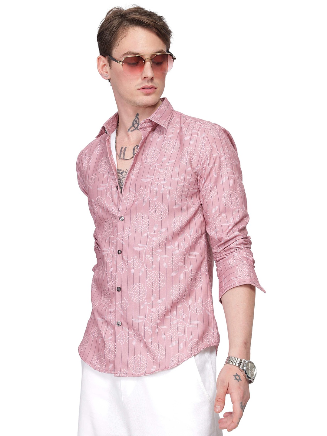 

ilyzly Men Standard Spread Collar Abstract Printed Cotton Tailored Fit Casual Shirt, Pink