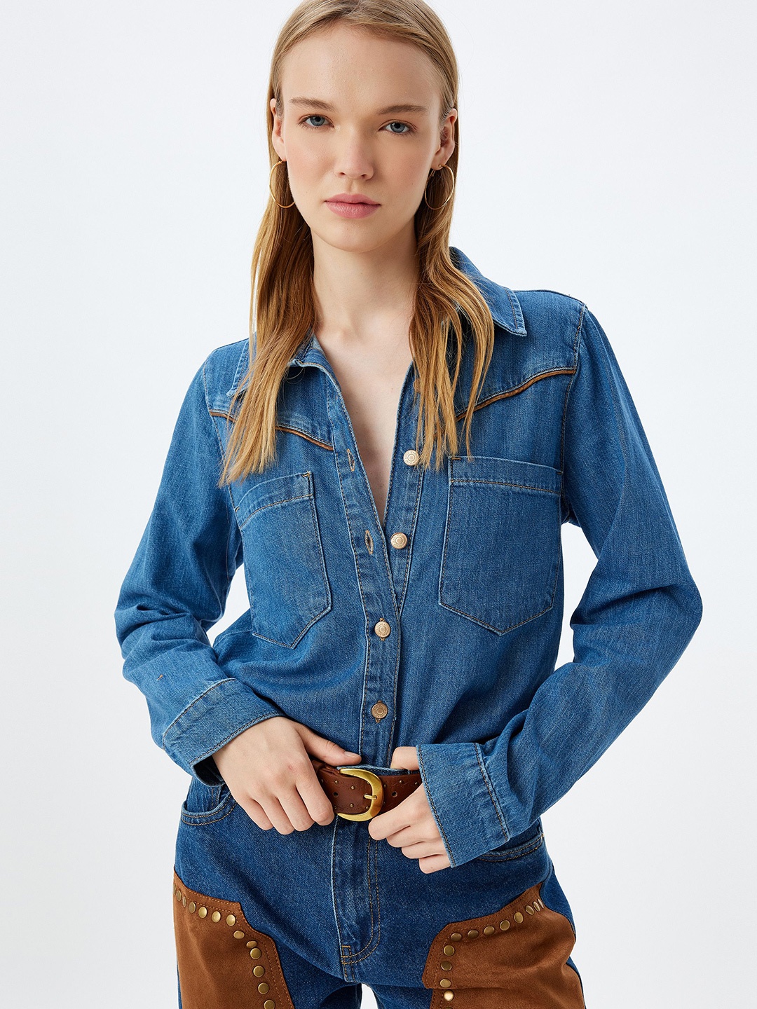 

Koton Women Spread Collar Solid Cotton Casual Shirt, Blue