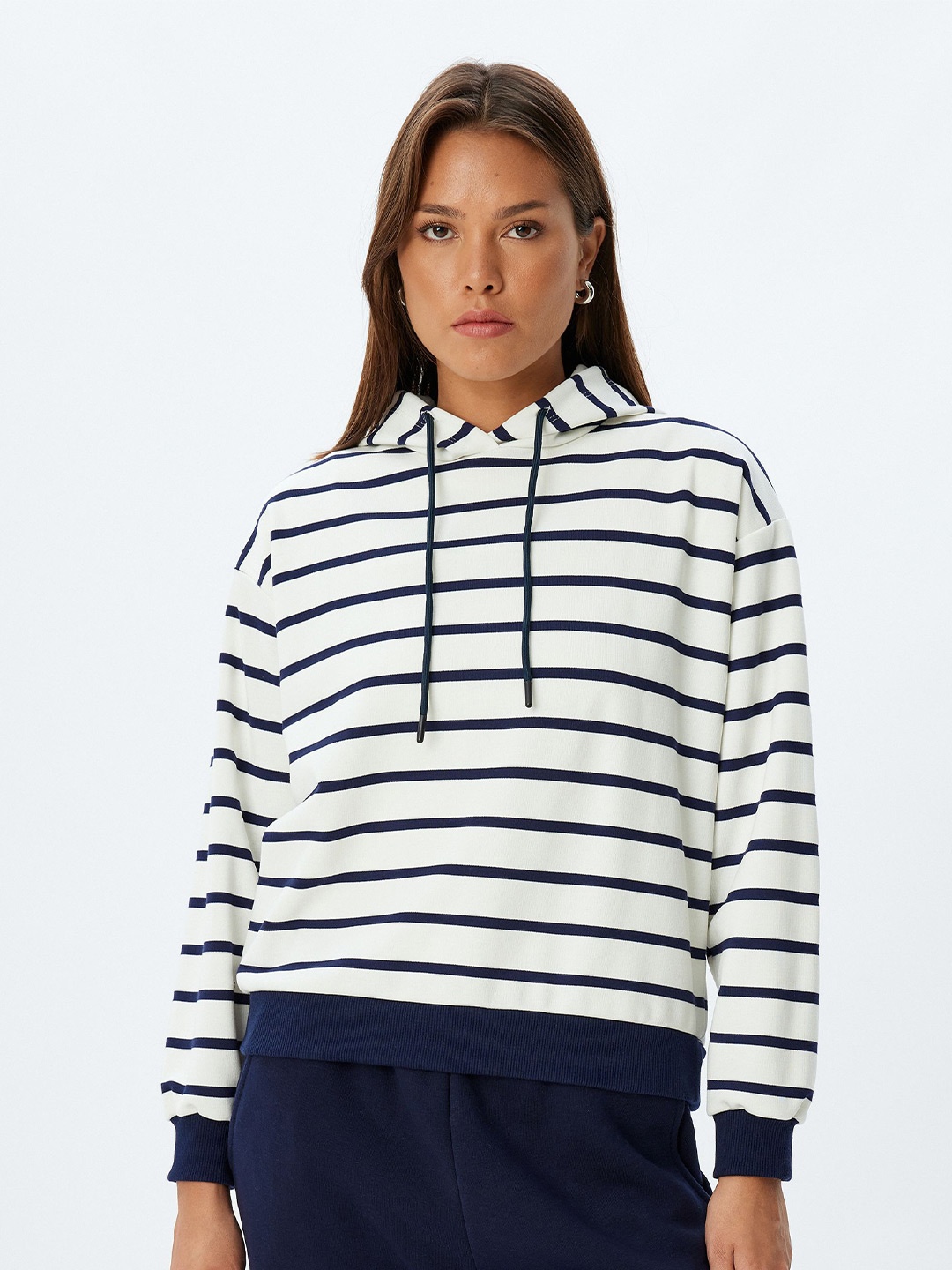 

Koton Women Striped Hooded Sweatshirt, Navy blue