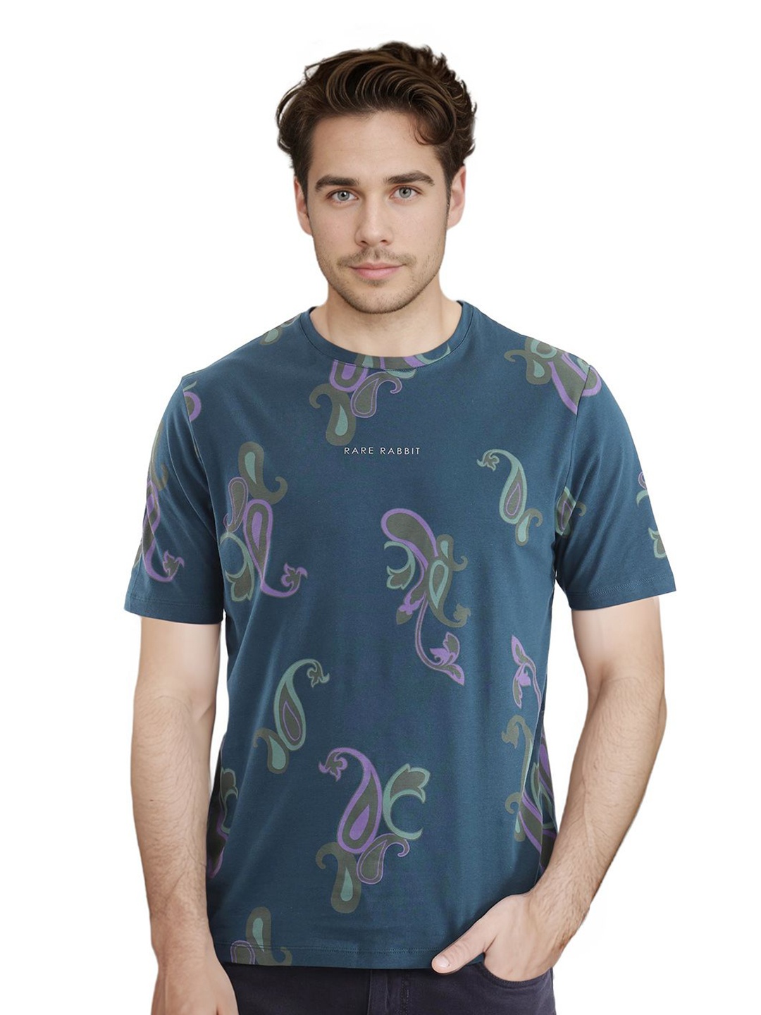 

RARE RABBIT Men Graphic Printed Round Neck Cotton T-shirt, Teal