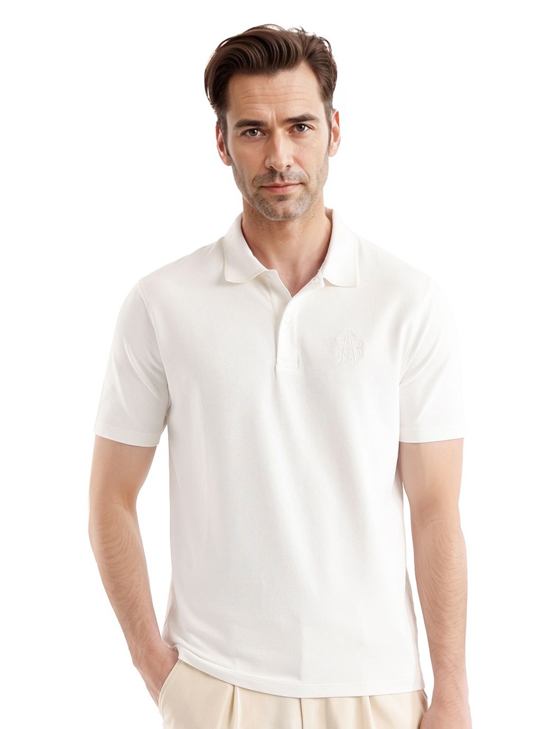 

RARE RABBIT Men Solid Polo Collar Cotton T-shirt, Off white