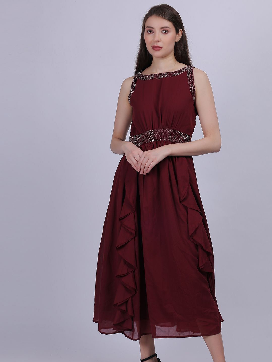 

Aumbe Women Boat Neck Fit & Flare Midi Dress, Maroon