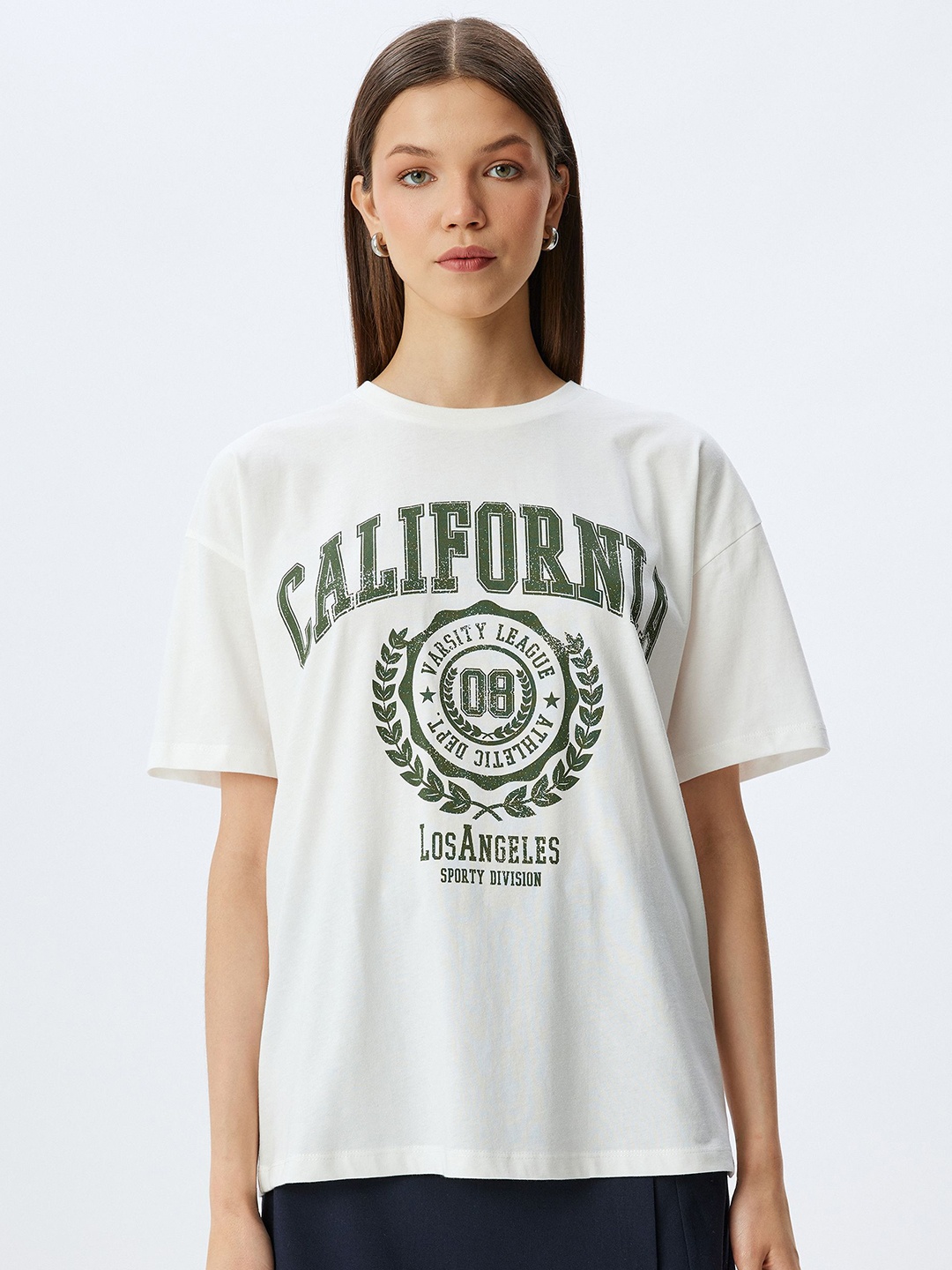 

Koton Women Typography Printed Round Neck Cotton Oversized T-shirt, White