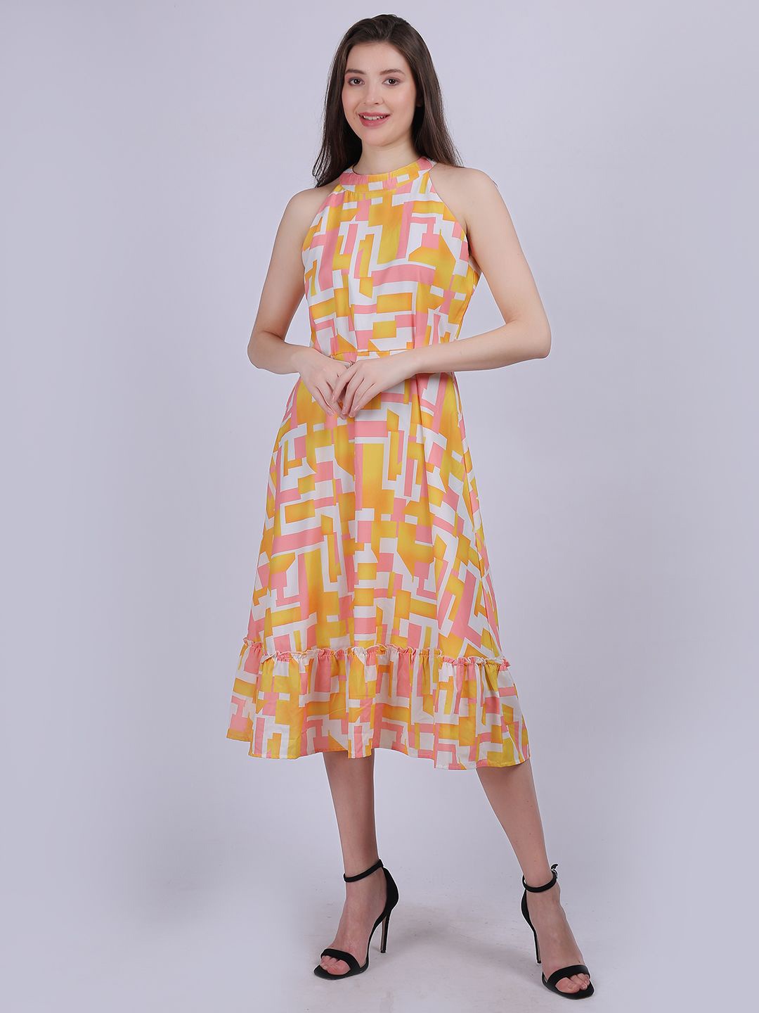 

Aumbe Women Abstract Print Halter Neck Fit & Flare Midi Dress, Pink