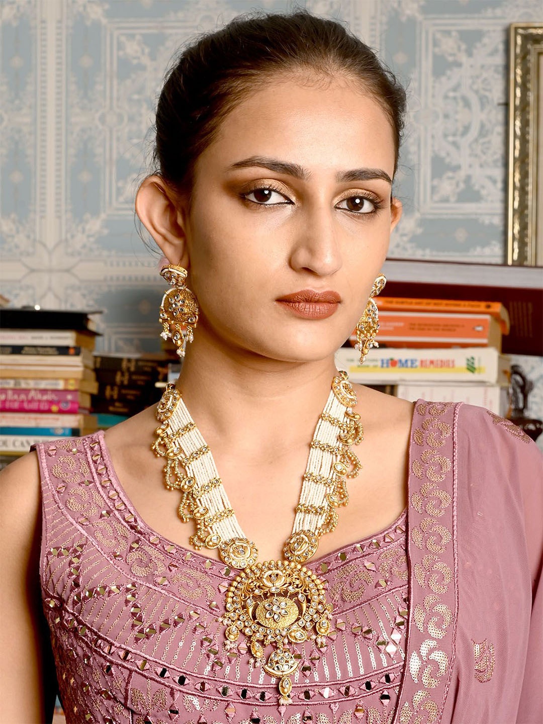 

ODETTE Gold-Plated Stone Studded & Beaded Stainless Steel Necklace and Earrings