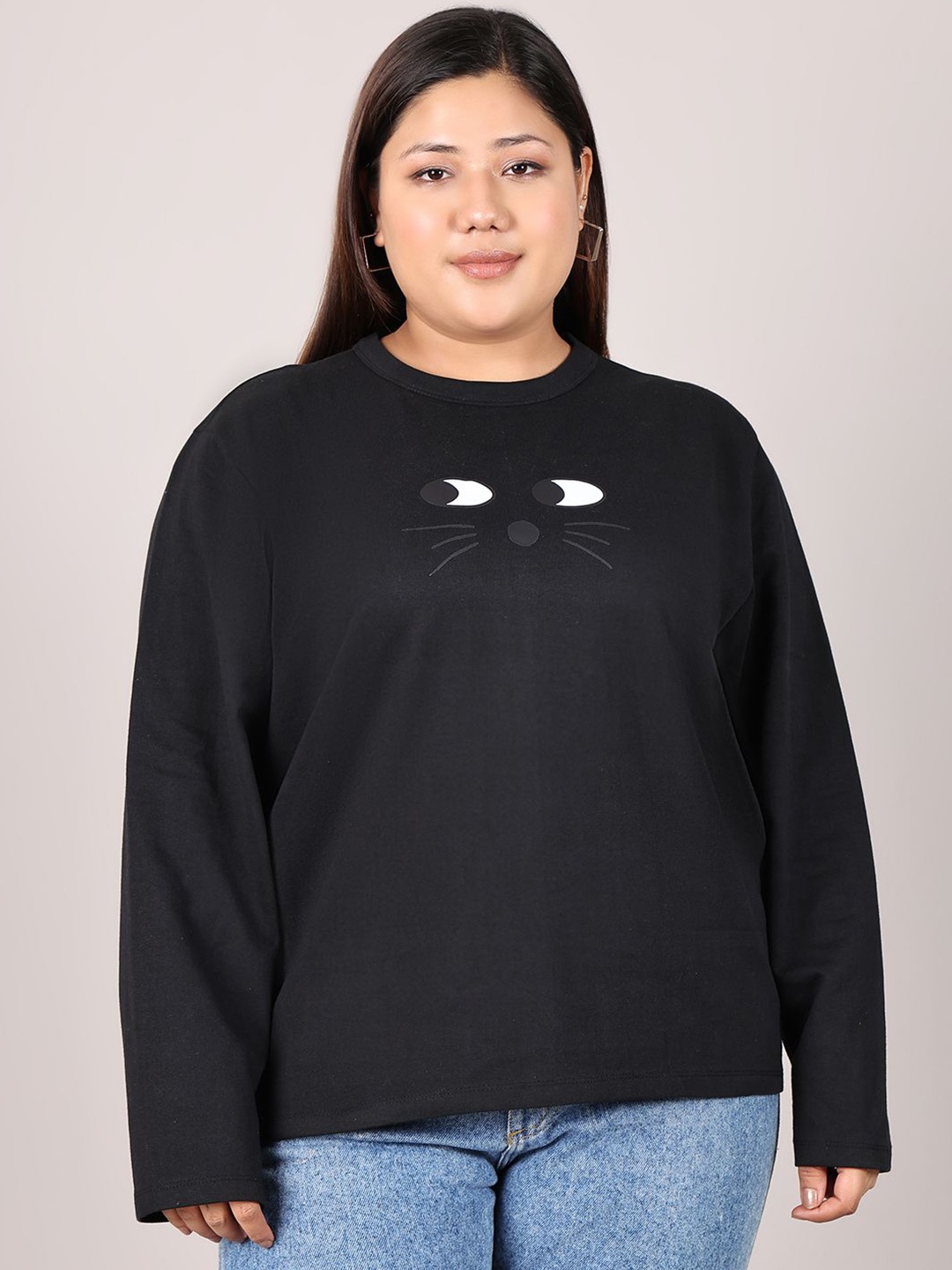 

Rute Women Plus Size Printed Round Neck Pullover Cotton Sweatshirt, Black