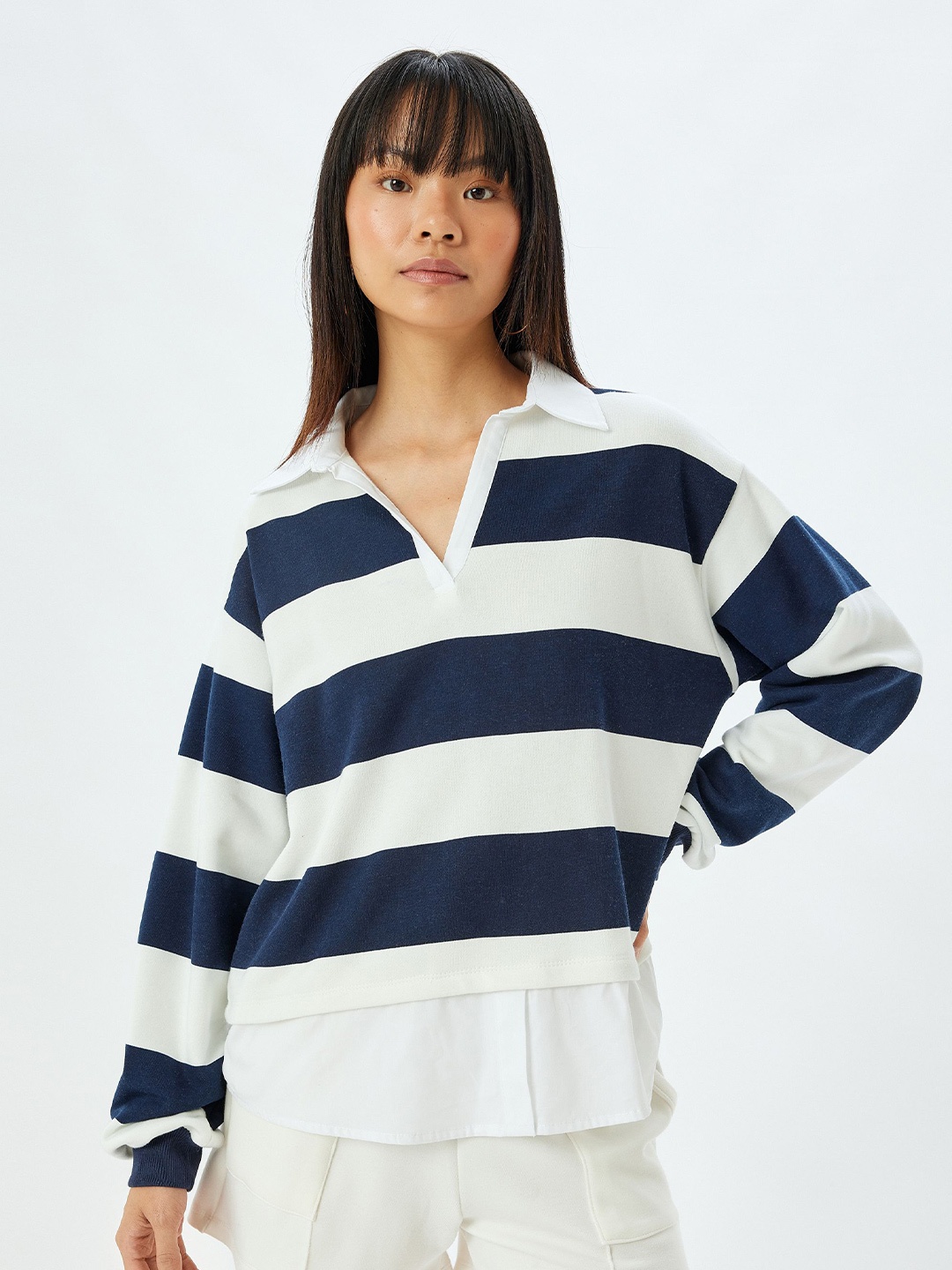 

Koton Women Striped Shirt Collar Pullover Sweatshirt, Navy blue