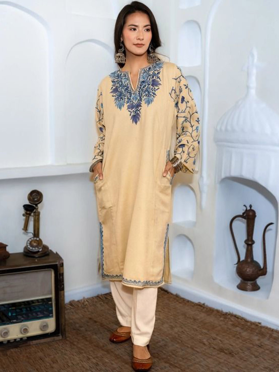 

Kashmir Box Women Embroidered Flared Sleeves Floral Kurta, Cream