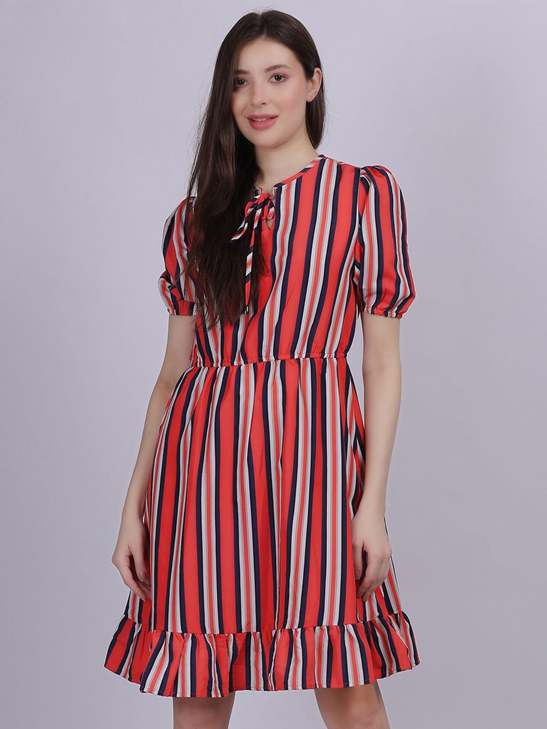 

Aumbe Women Tie-Up Neck Striped Fit & Flare Dress, Red